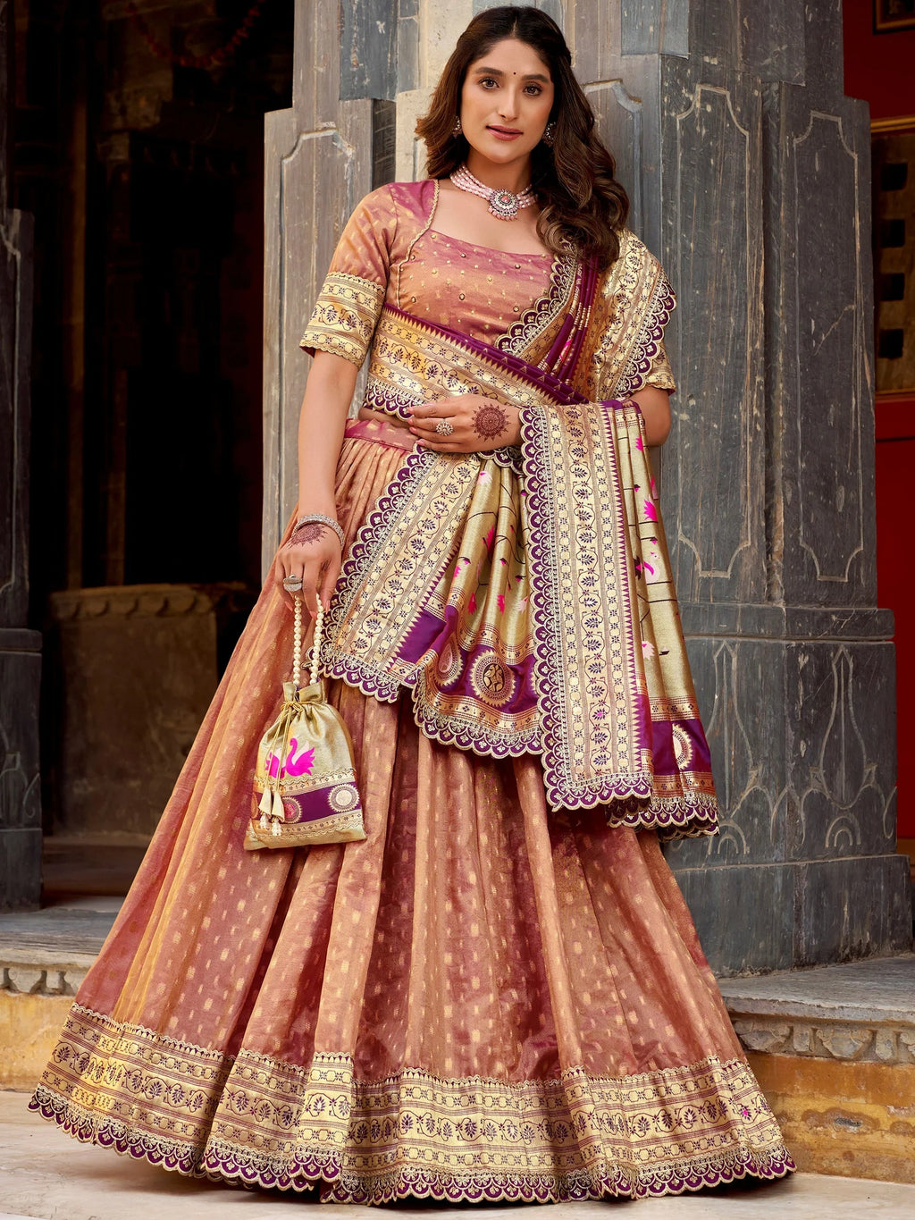 Peach Beautiful Zari Weaving Silk Traditional Lehenga Choli With Dupatta