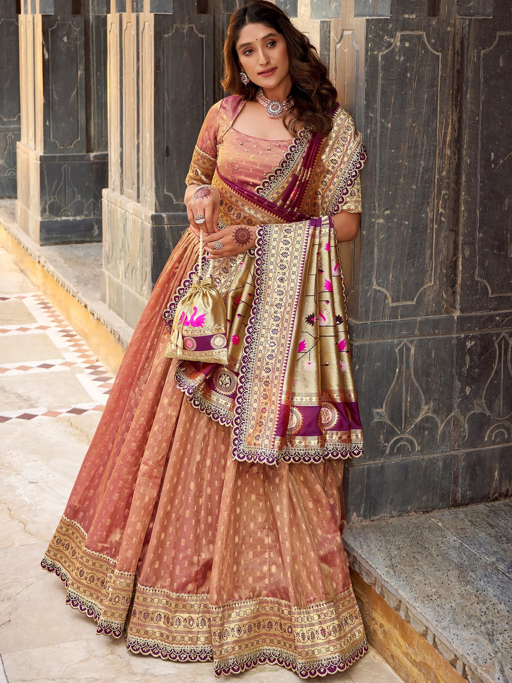 Peach Beautiful Zari Weaving Silk Traditional Lehenga Choli With Dupatta