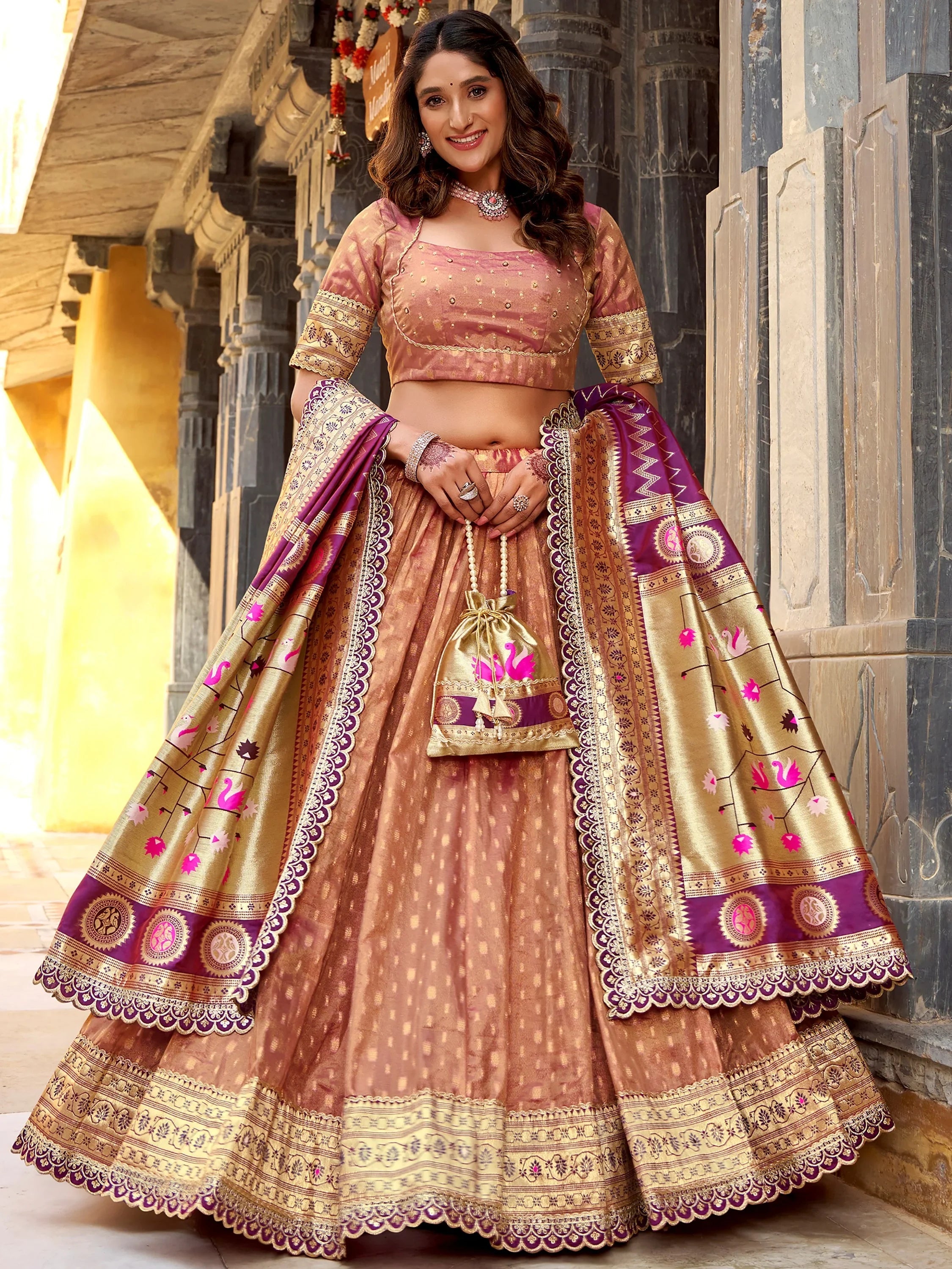 Peach Beautiful Zari Weaving Silk Traditional Lehenga Choli With Dupatta