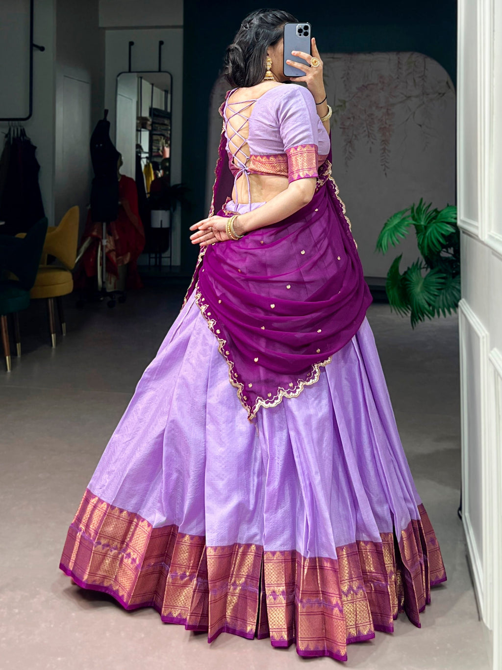 Lavender Silk Traditional Half Saree Lehenga with Zari Weaving for Bridesmaid Festival