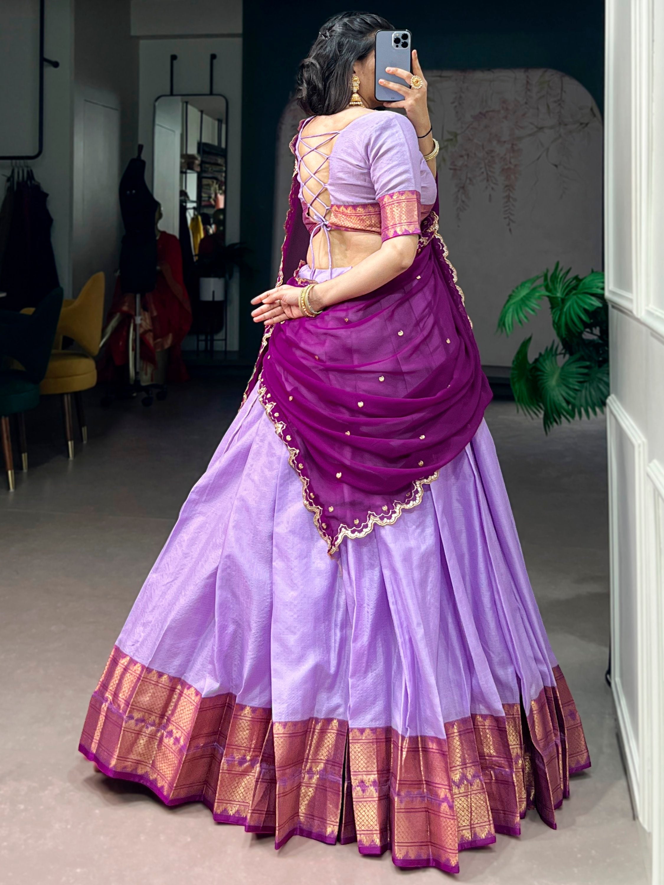 Lavender Silk Traditional Half Saree Lehenga with Zari Weaving for Bridesmaid Festival