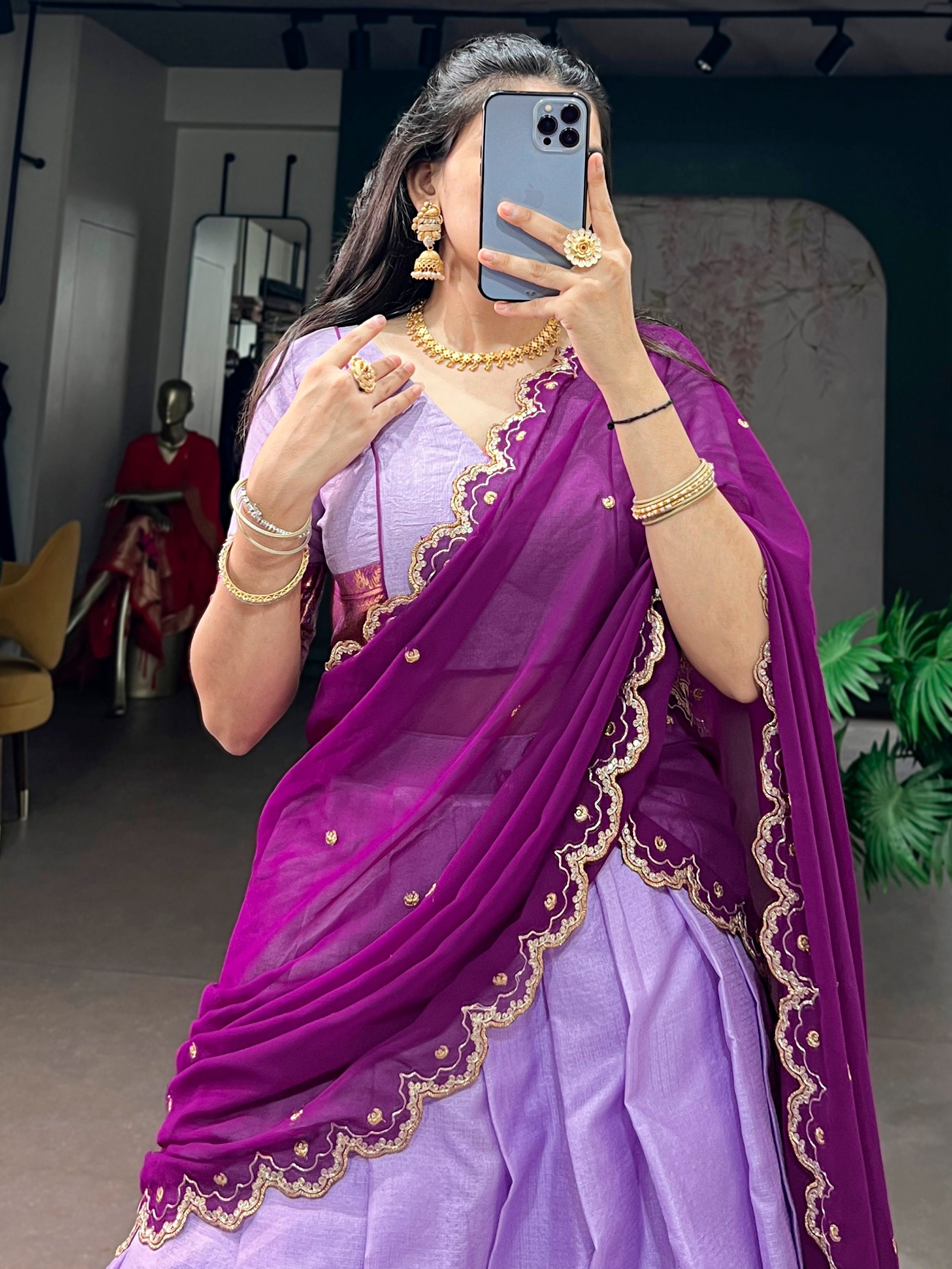 Lavender Silk Traditional Half Saree Lehenga with Zari Weaving for Bridesmaid Festival