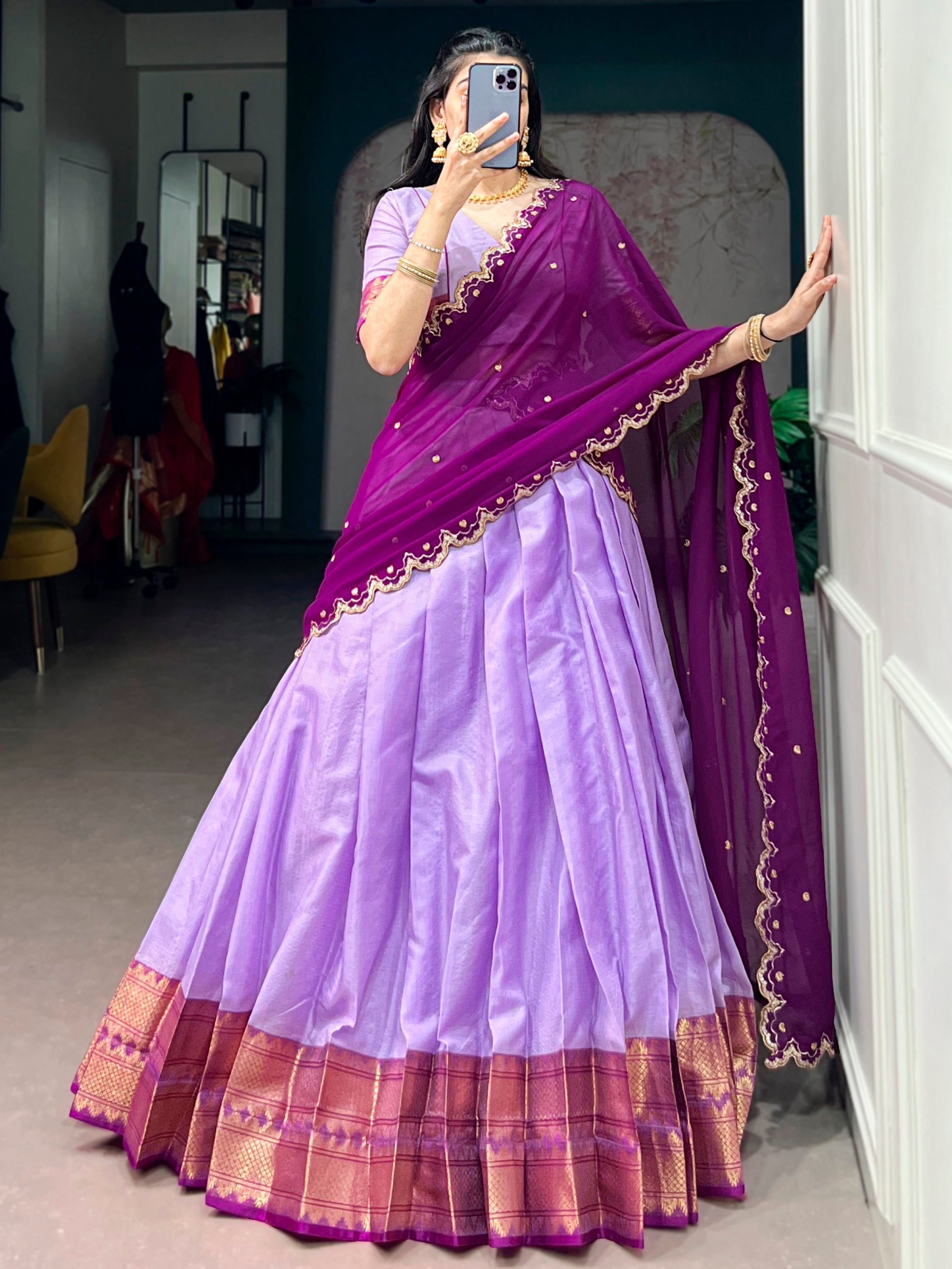 Lavender Silk Traditional Half Saree Lehenga with Zari Weaving for Bridesmaid Festival