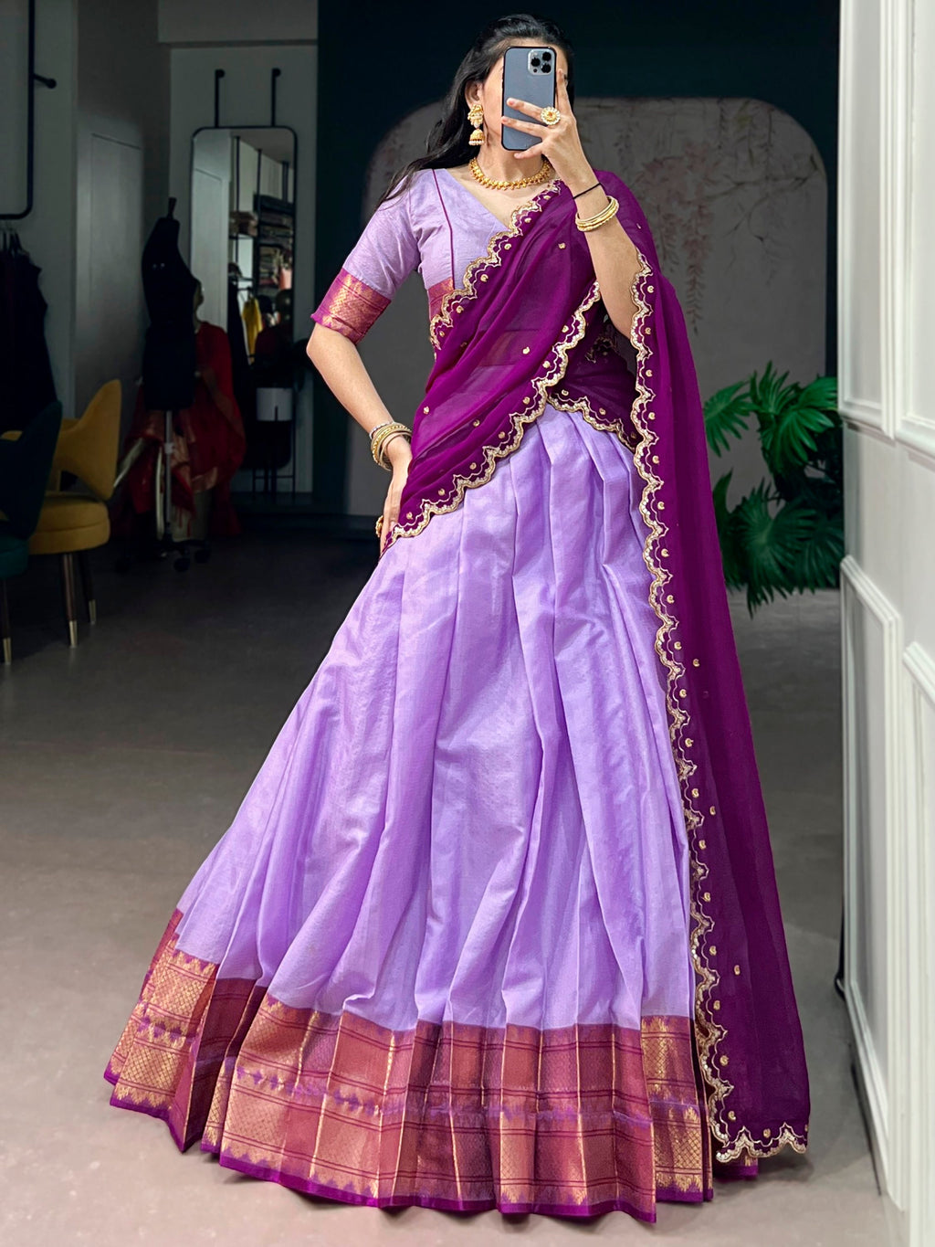 Lavender Silk Traditional Half Saree Lehenga with Zari Weaving for Bridesmaid Festival