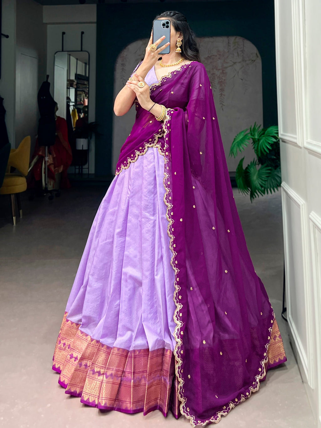 Lavender Silk Traditional Half Saree Lehenga with Zari Weaving for Bridesmaid Festival