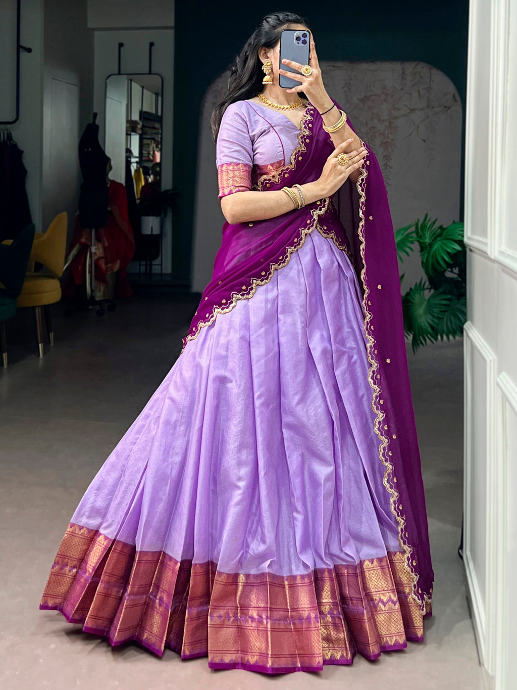 Lavender Silk Traditional Half Saree Lehenga with Zari Weaving for Bridesmaid Festival
