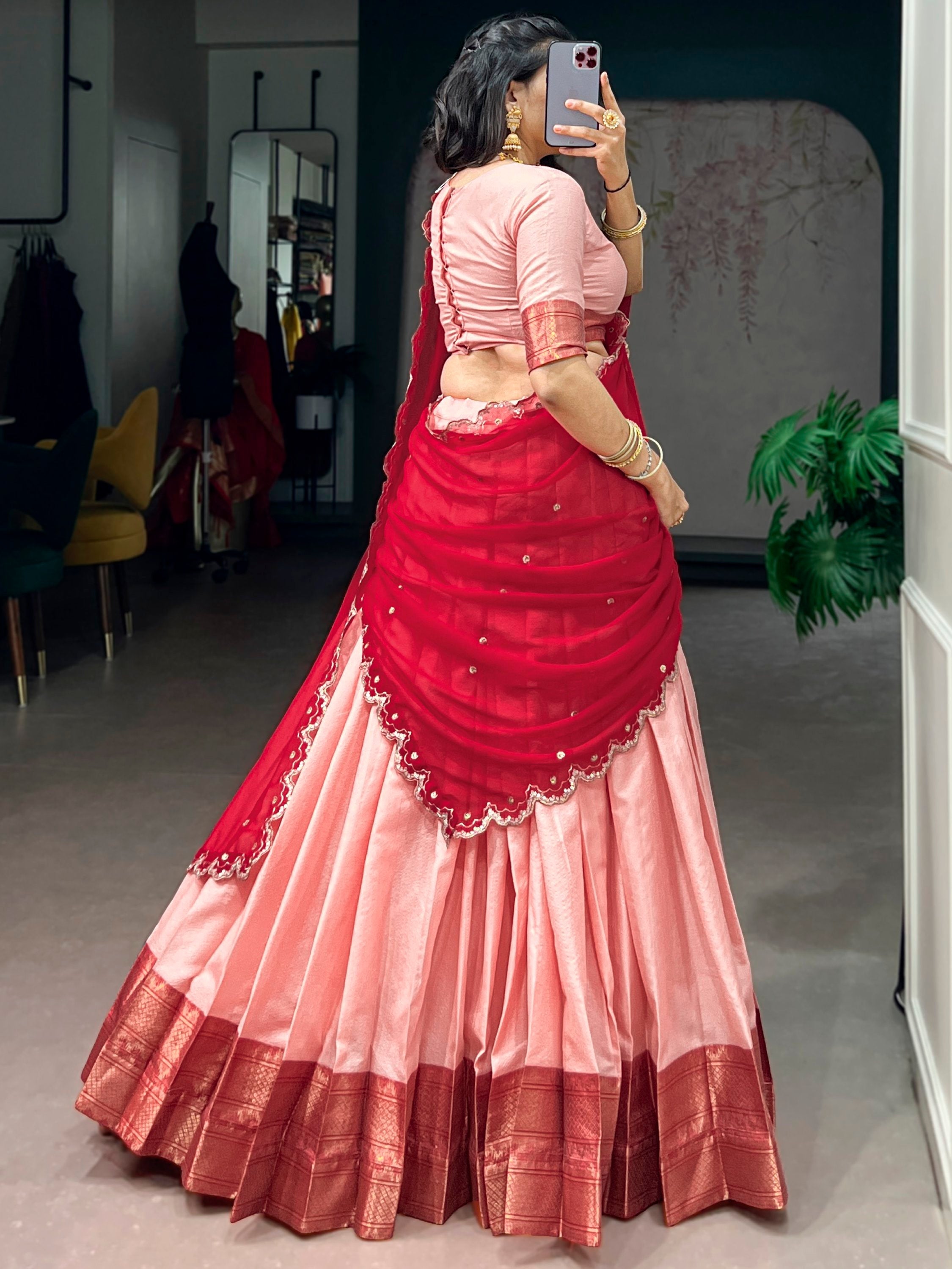 Peach Silk Traditional Half Saree Lehenga with Zari Weaving for Bridesmaid Festival