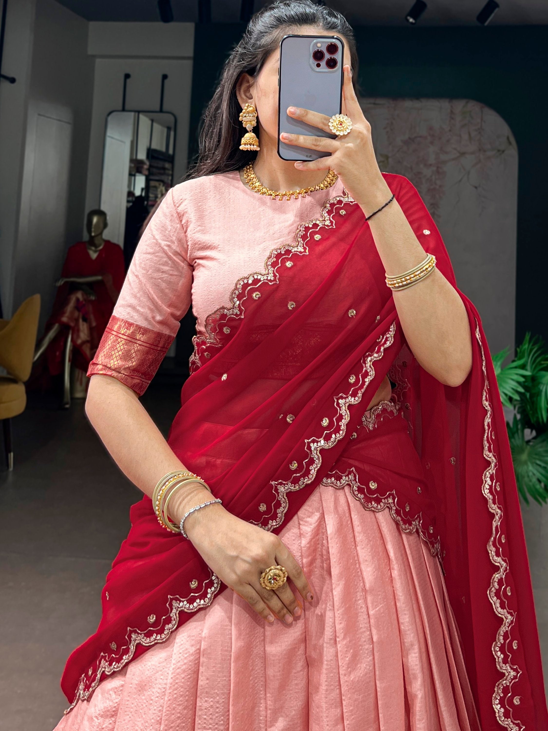 Peach Silk Traditional Half Saree Lehenga with Zari Weaving for Bridesmaid Festival