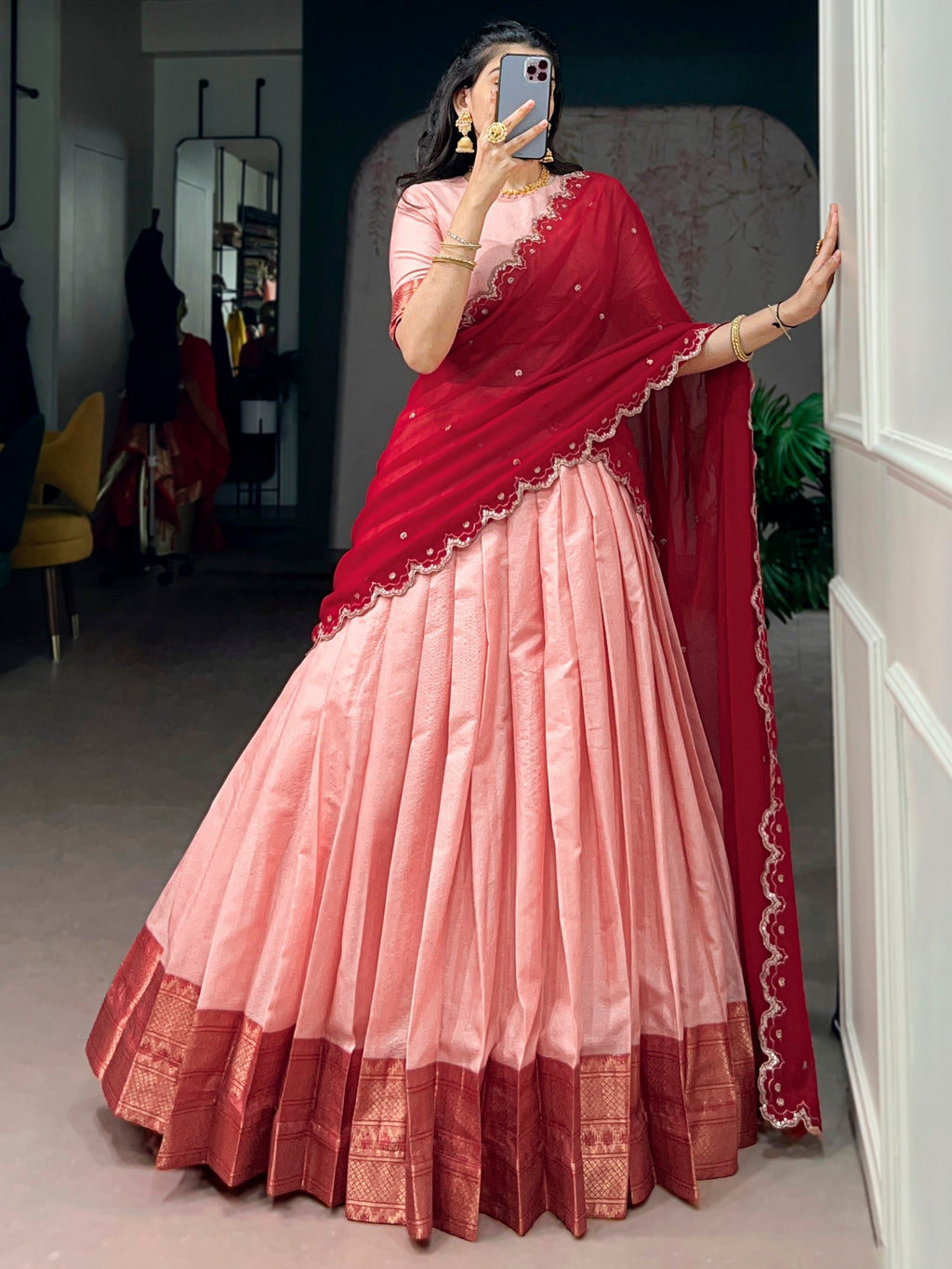 Peach Silk Traditional Half Saree Lehenga with Zari Weaving for Bridesmaid Festival