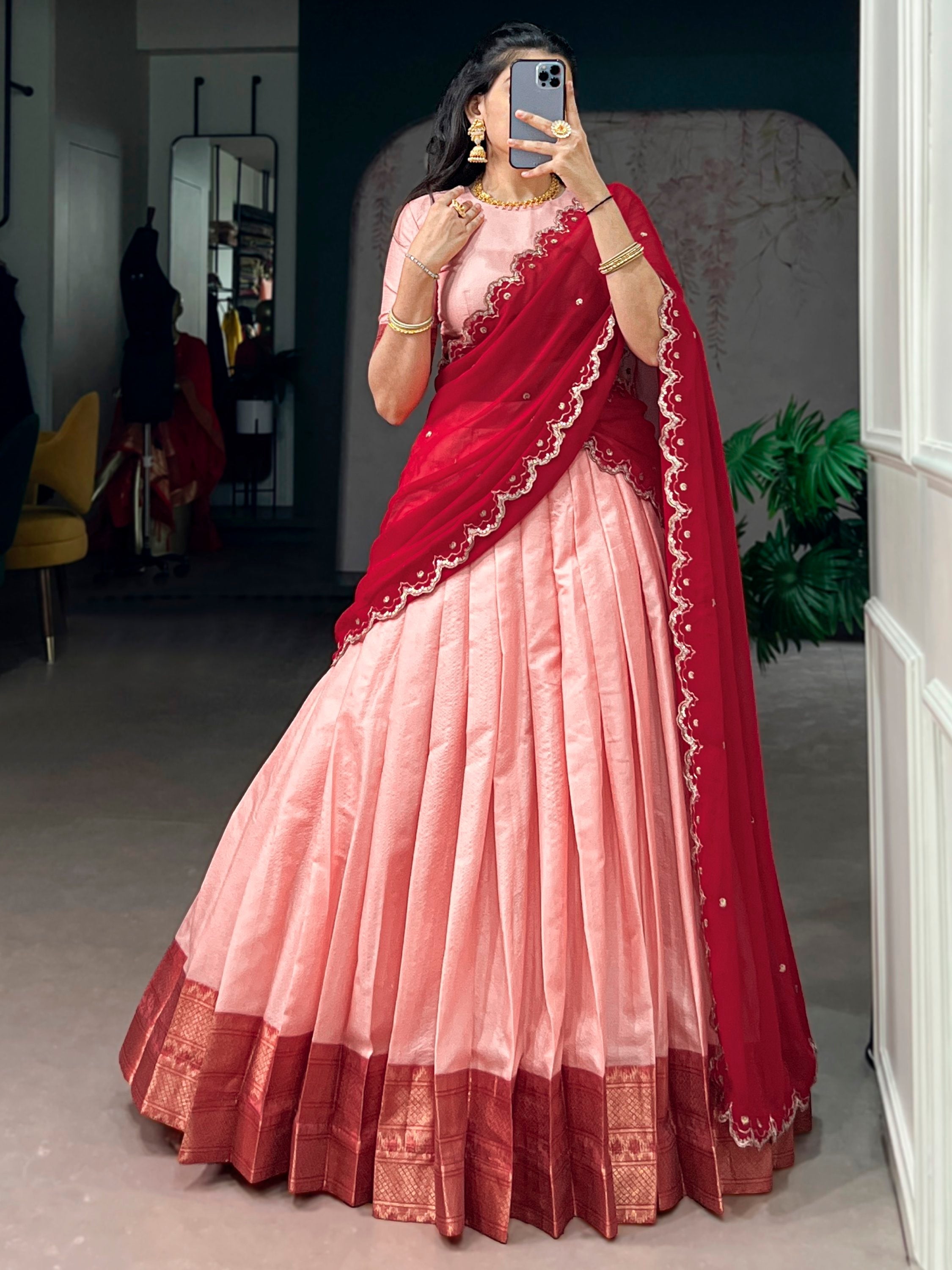 Peach Silk Traditional Half Saree Lehenga with Zari Weaving for Bridesmaid Festival