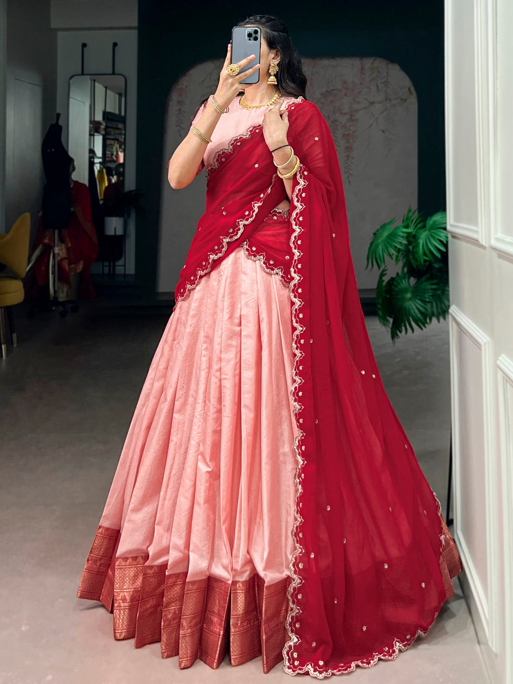 Peach Silk Traditional Half Saree Lehenga with Zari Weaving for Bridesmaid Festival
