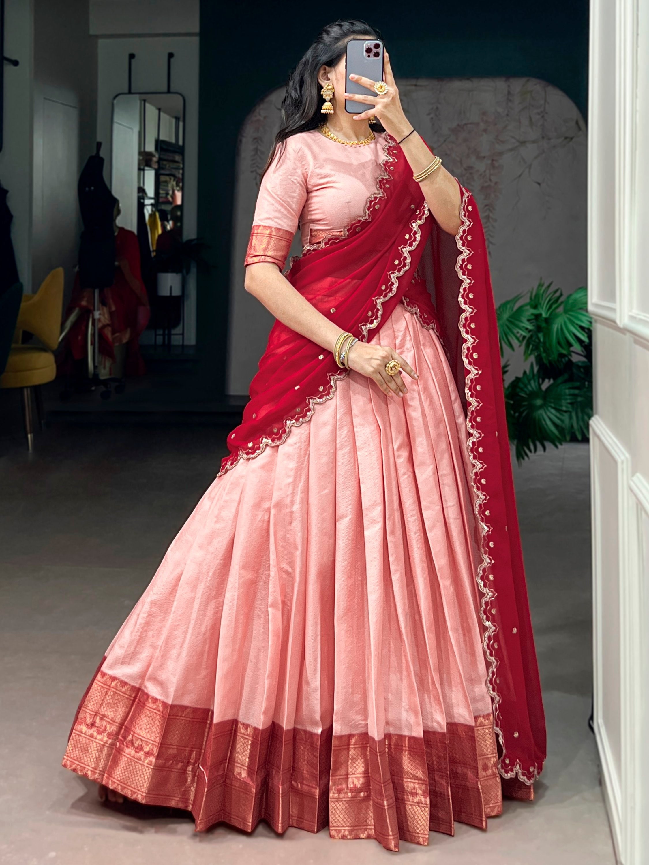 Peach Silk Traditional Half Saree Lehenga with Zari Weaving for Bridesmaid Festival