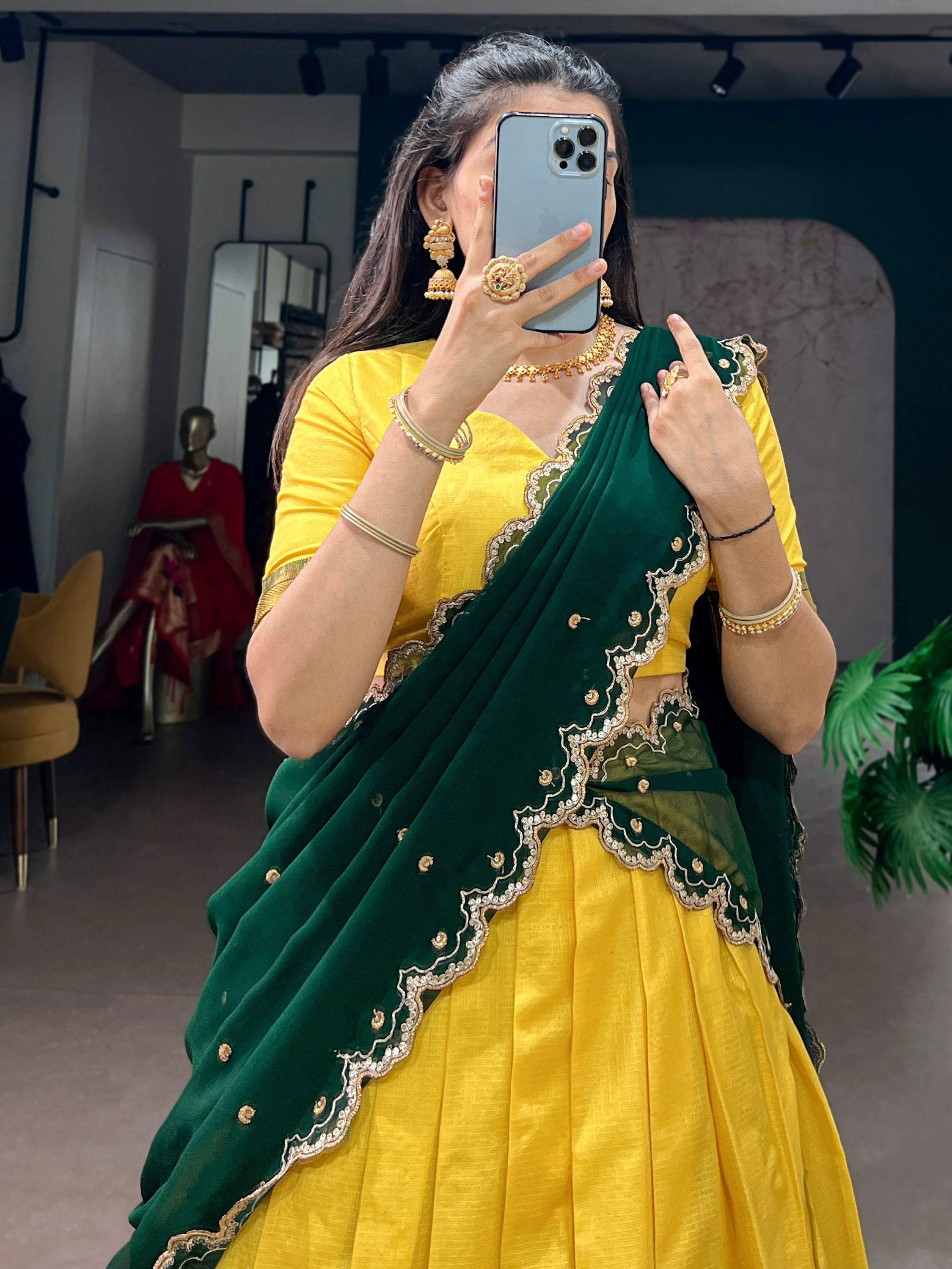 Yellow Silk Traditional Half Saree Lehenga with Zari Weaving for Bridesmaid Festival