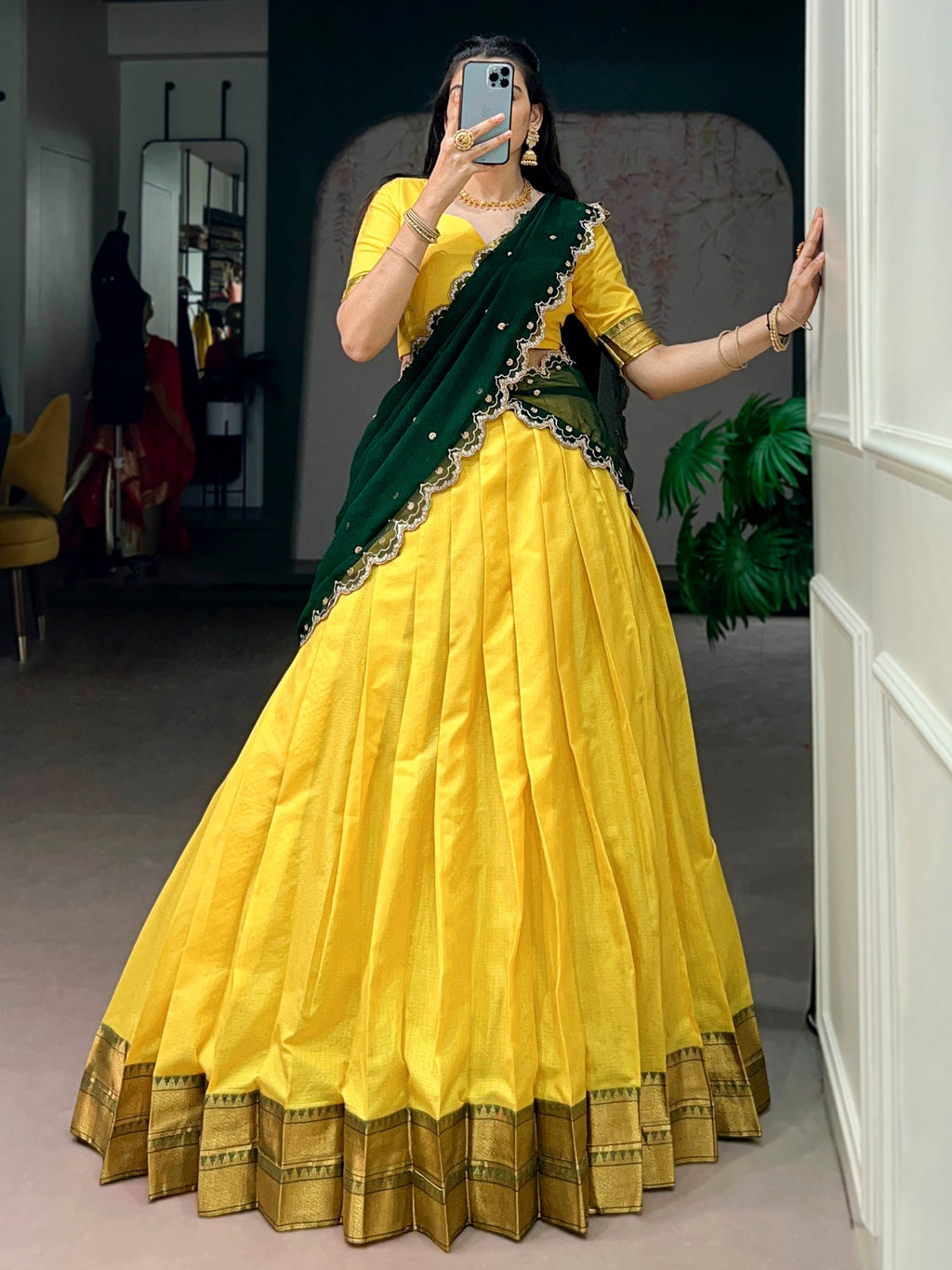 Yellow Silk Traditional Half Saree Lehenga with Zari Weaving for Bridesmaid Festival