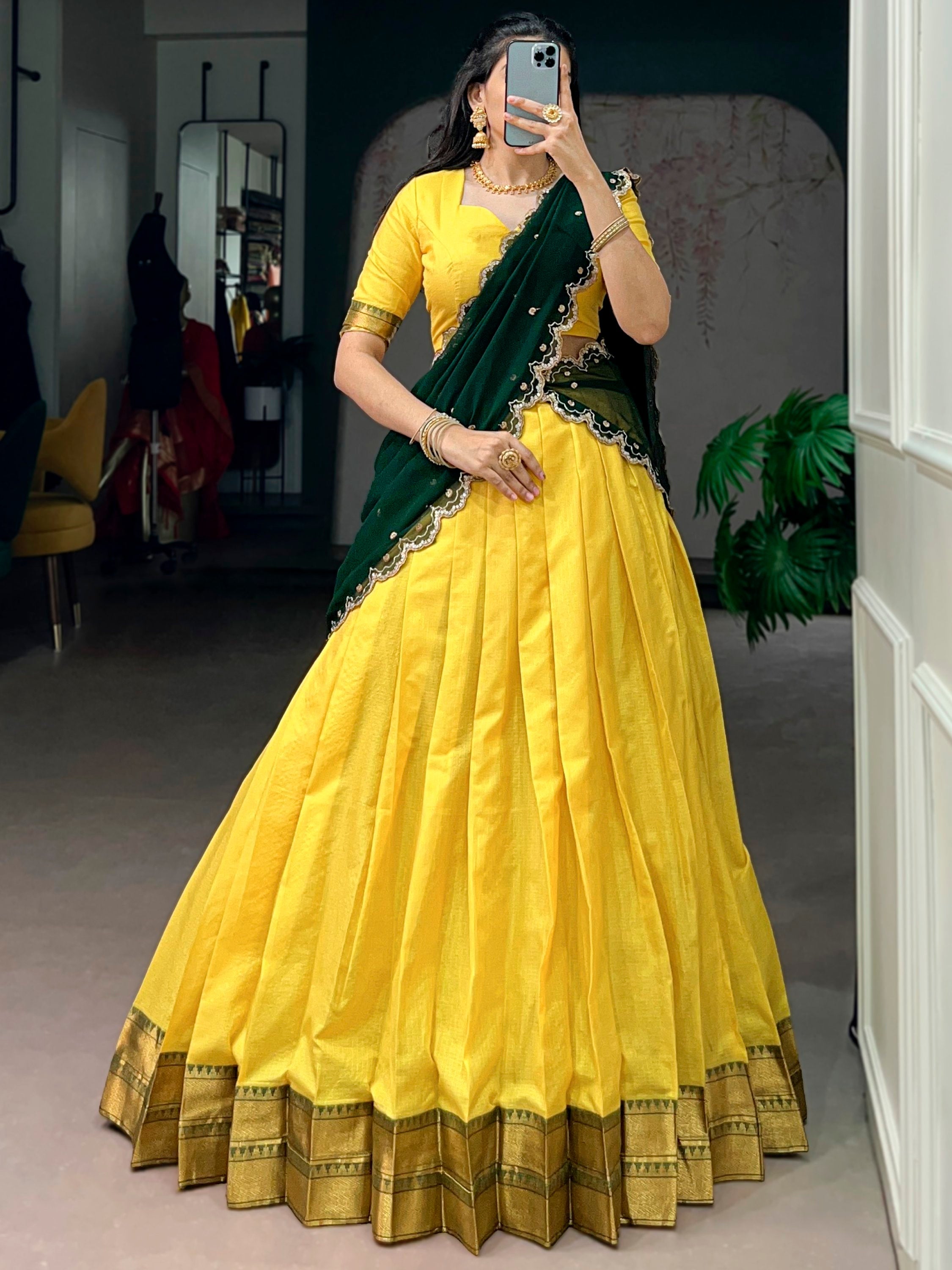 Yellow Silk Traditional Half Saree Lehenga with Zari Weaving for Bridesmaid Festival