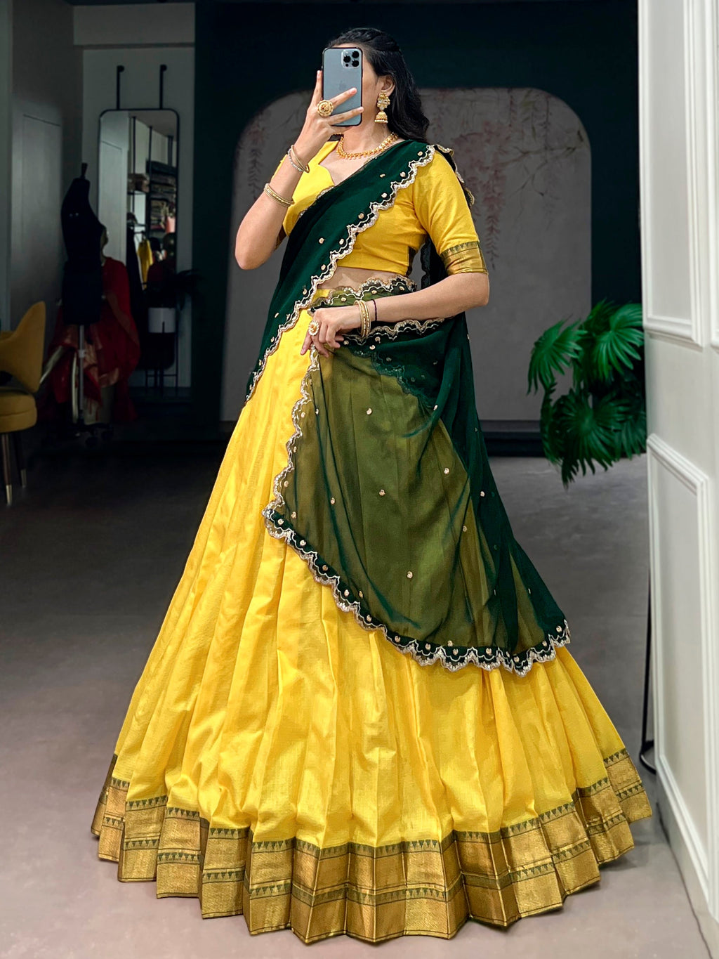 Yellow Silk Traditional Half Saree Lehenga with Zari Weaving for Bridesmaid Festival