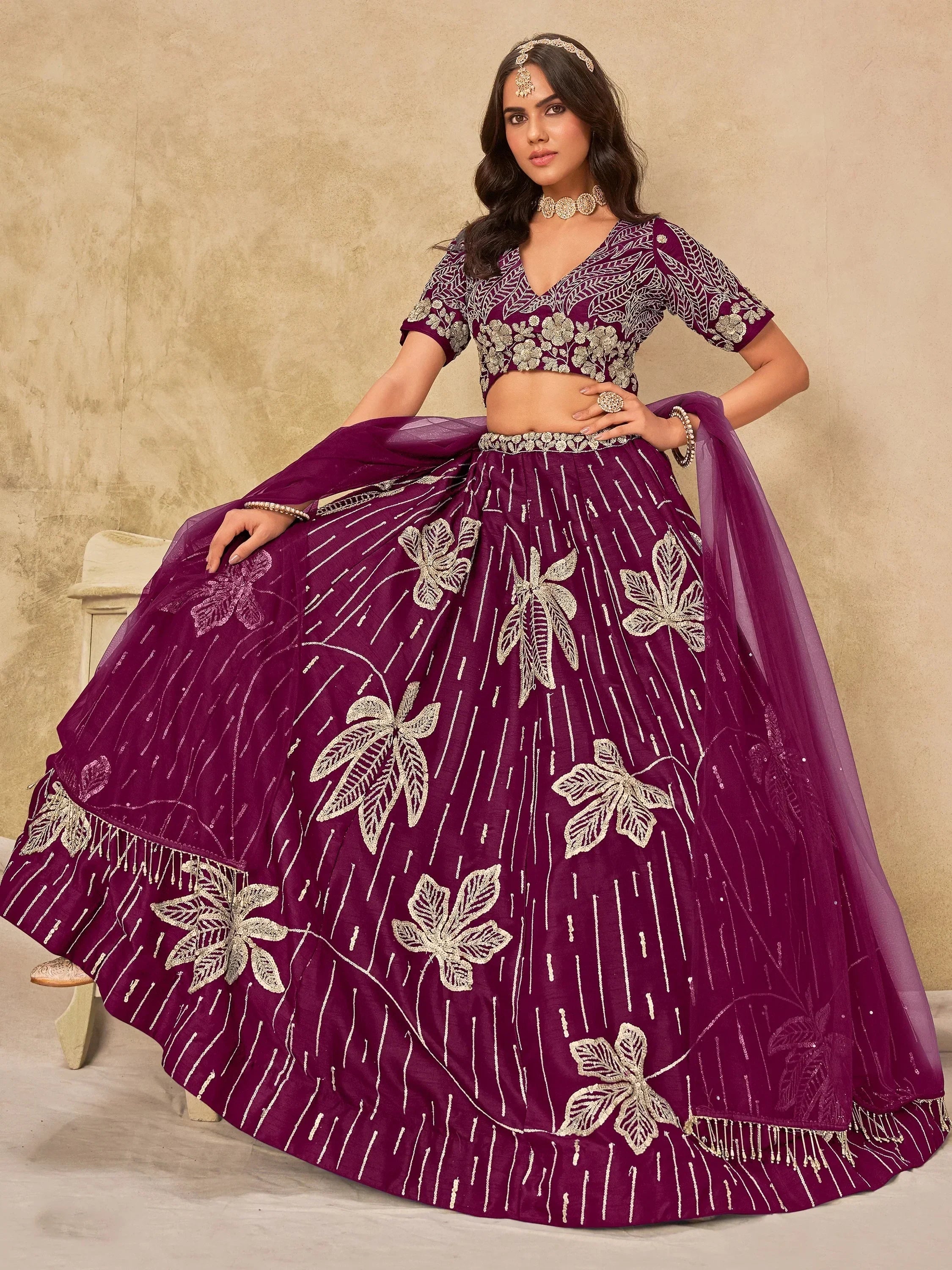 Dazzling Wine Thread Embroidered Silk Function Wear Lehenga Choli