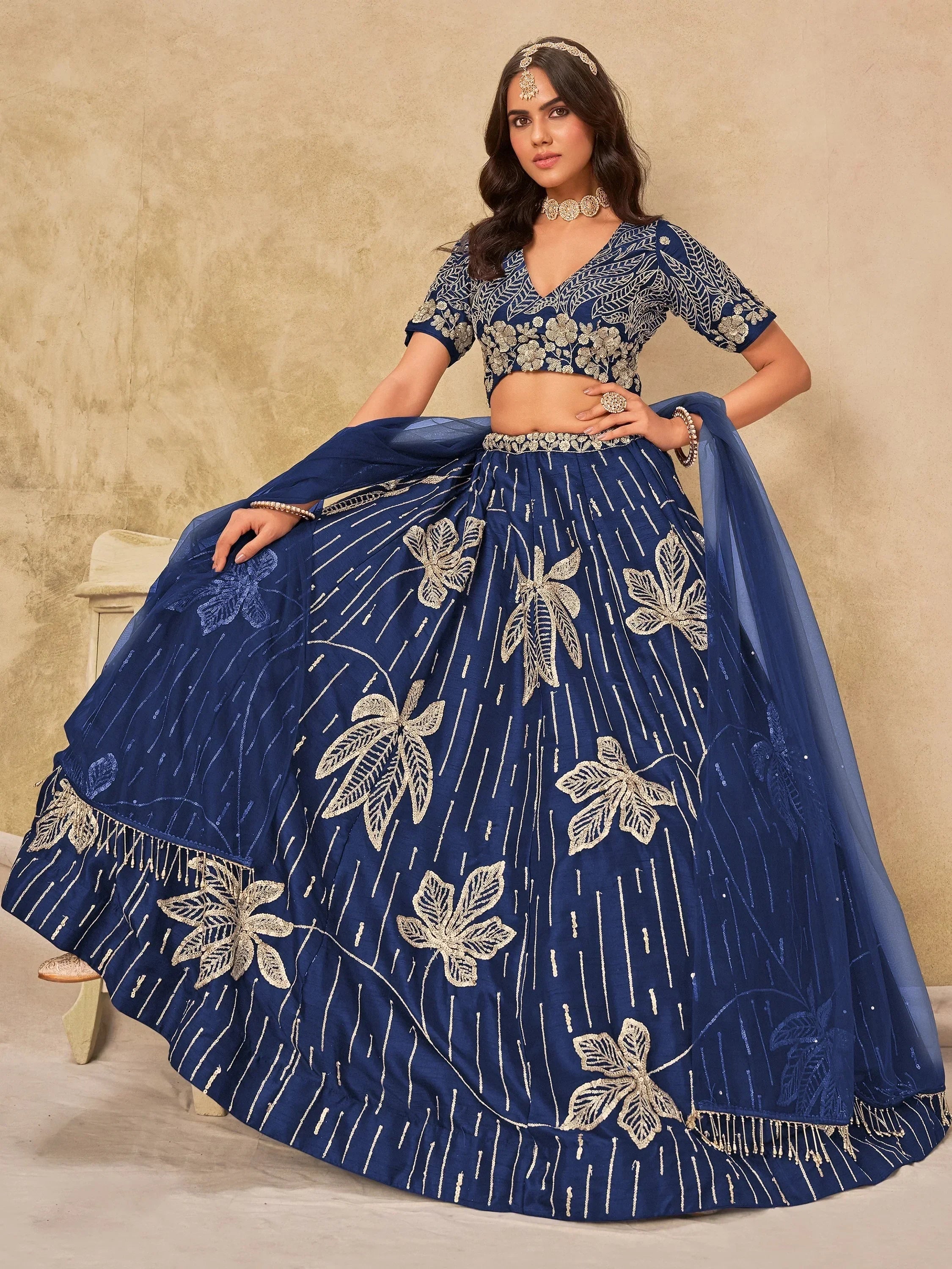 Stunning Navy Blue Sequins Silk Engagement Wear Lehenga Choli