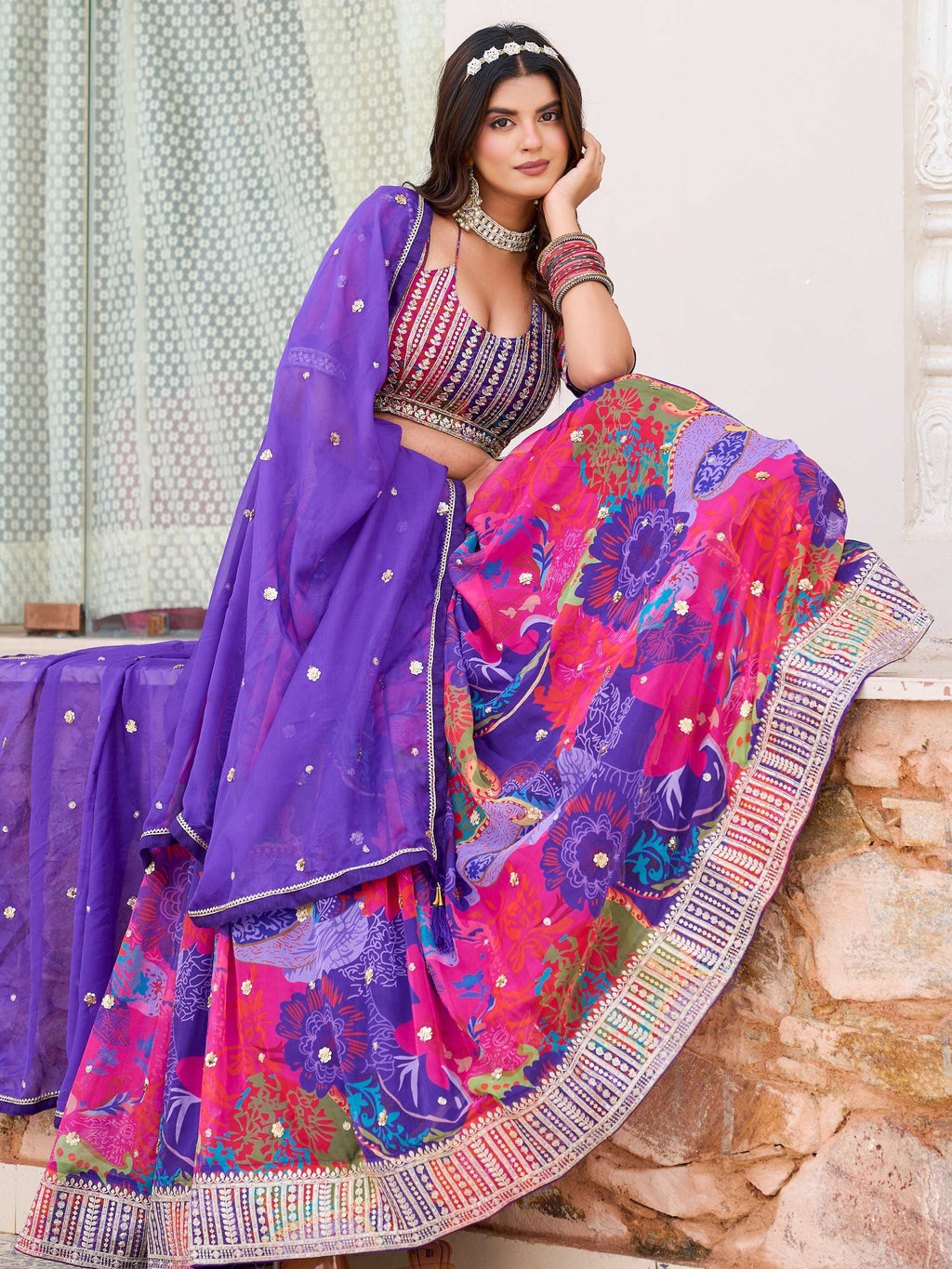 Classic Purple Floral Printed Organza Bridesmaid Lehenga Choli