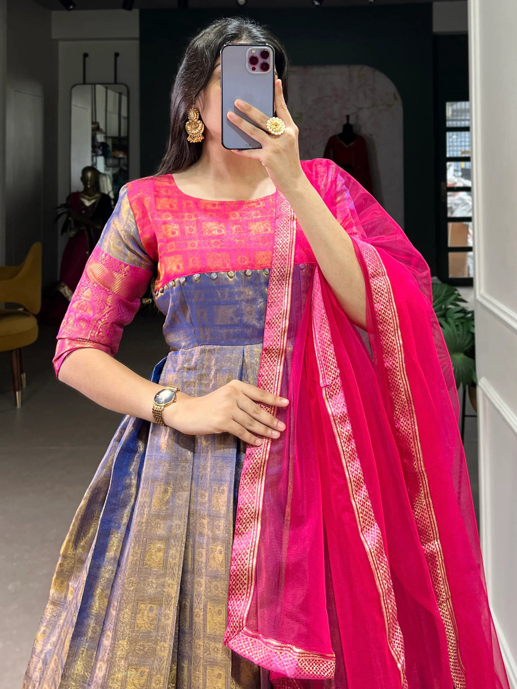 Timeless Blue Zari Weaving Silk Festive Wear Gown With Dupatta