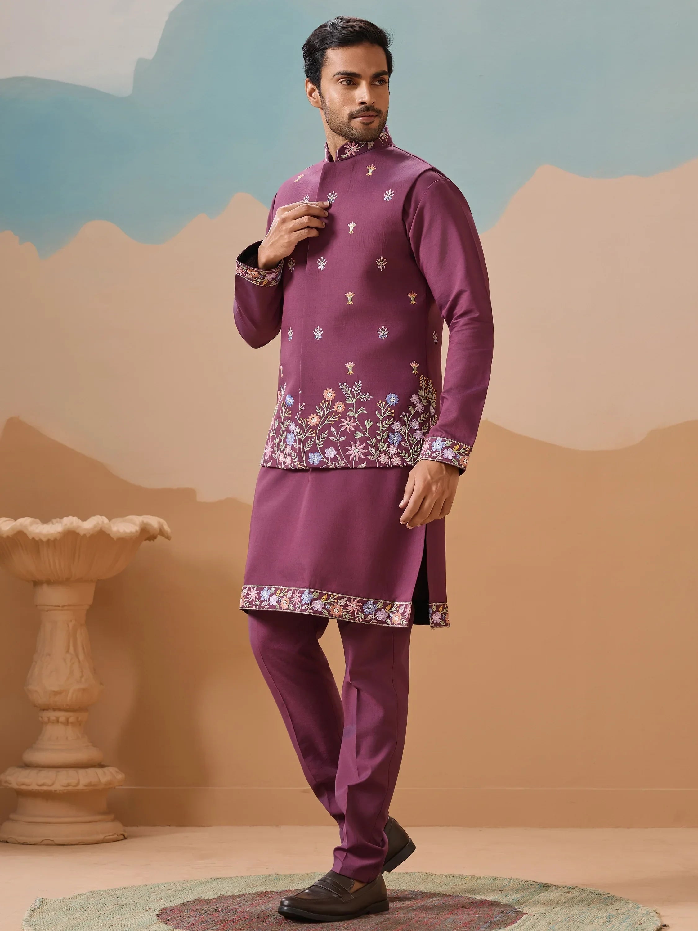 Fabulous Dusty Purple Thread Work Viscose Silk Men Kurta With Pant And Jacket