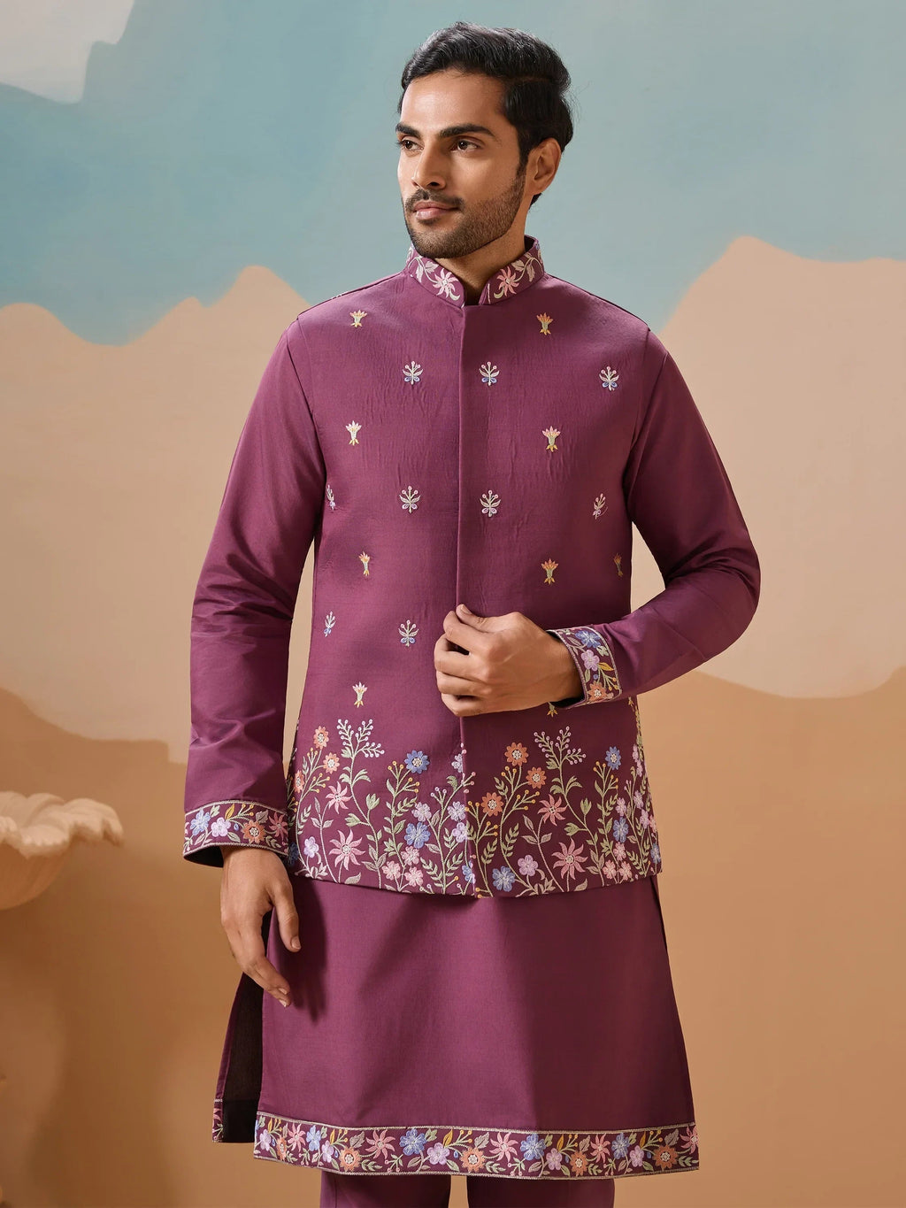 Fabulous Dusty Purple Thread Work Viscose Silk Men Kurta With Pant And Jacket