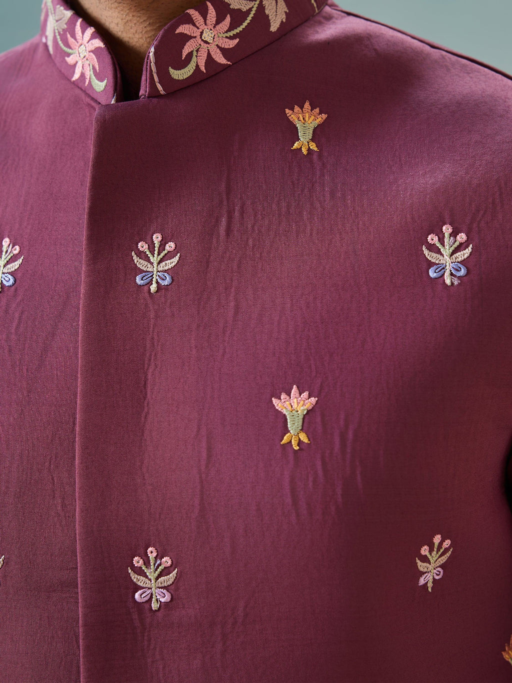 Fabulous Dusty Purple Thread Work Viscose Silk Men Kurta With Pant And Jacket