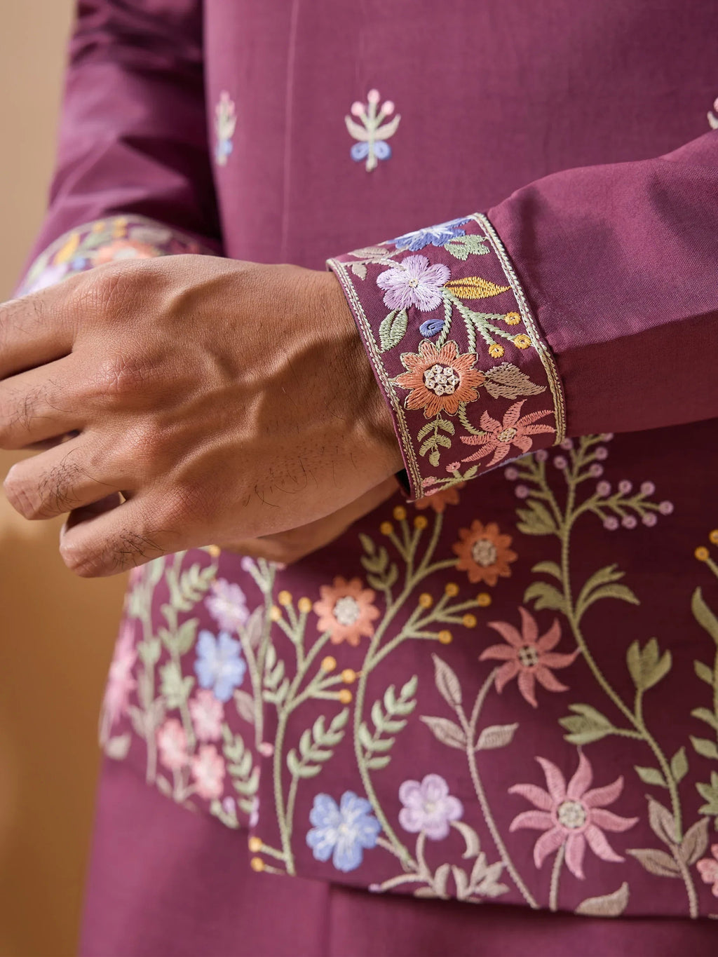 Fabulous Dusty Purple Thread Work Viscose Silk Men Kurta With Pant And Jacket