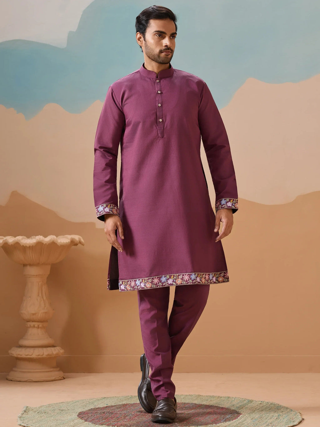 Fabulous Dusty Purple Thread Work Viscose Silk Men Kurta With Pant And Jacket