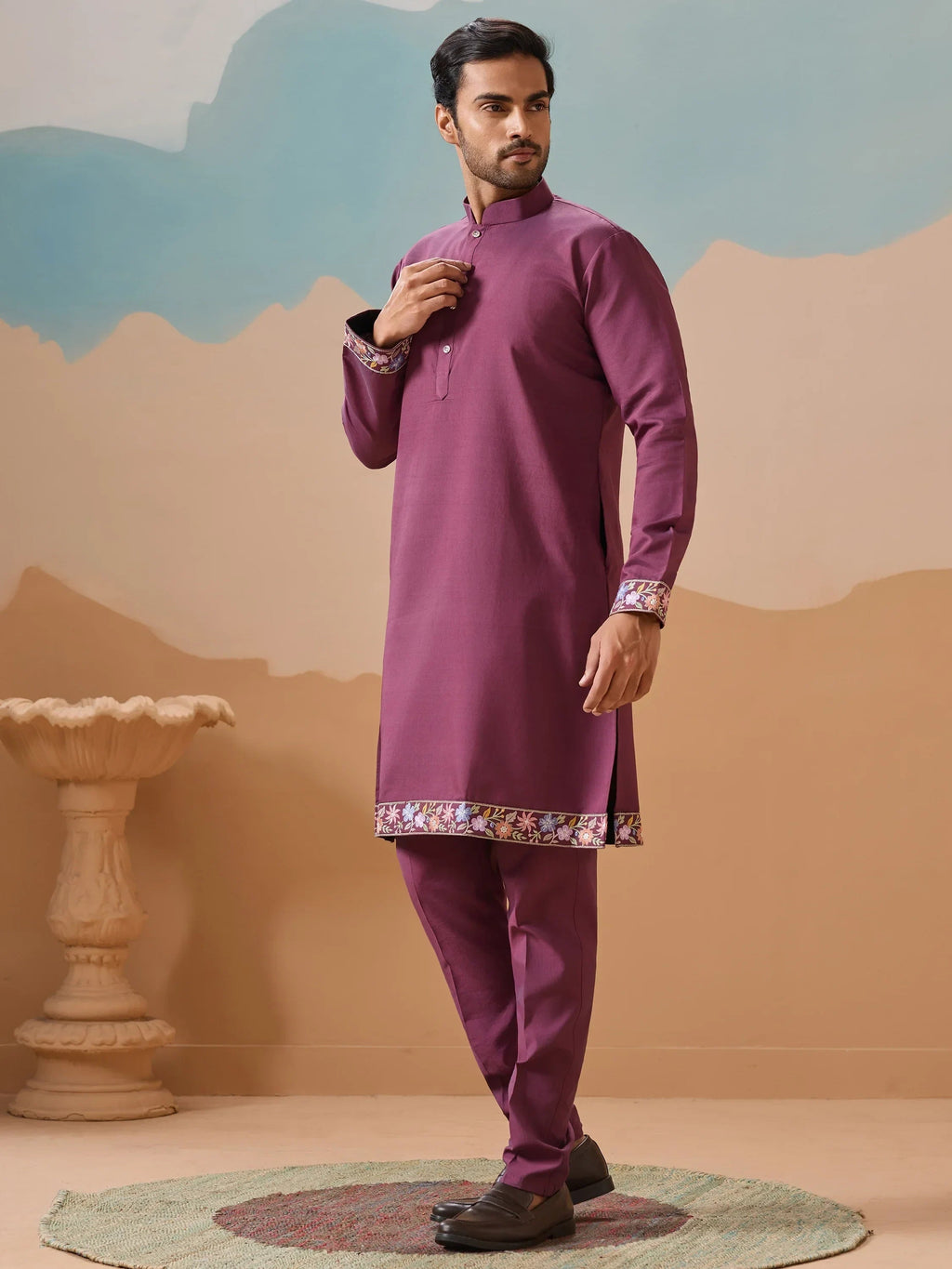 Fabulous Dusty Purple Thread Work Viscose Silk Men Kurta With Pant And Jacket