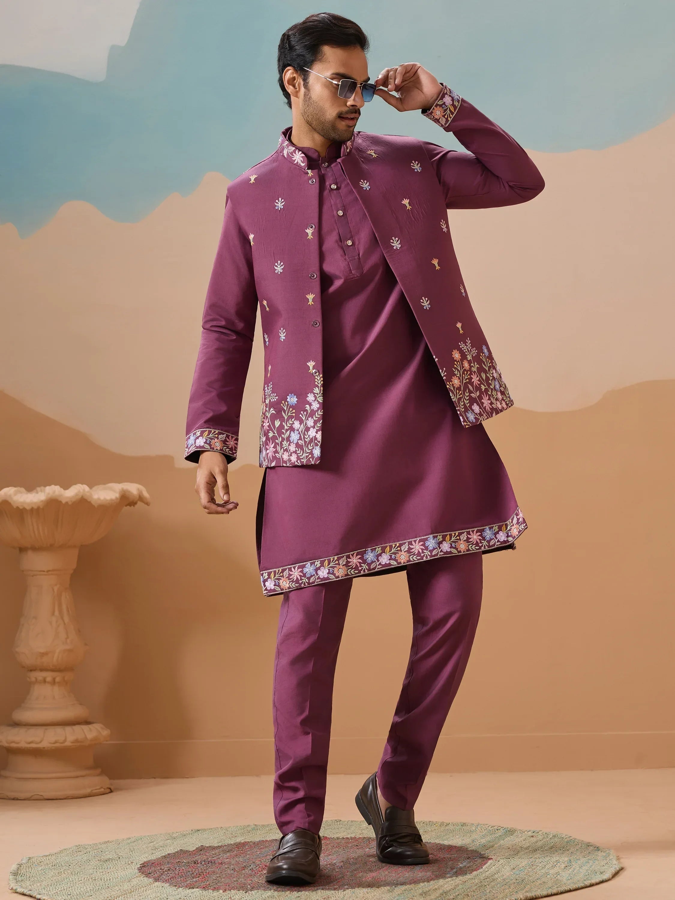 Fabulous Dusty Purple Thread Work Viscose Silk Men Kurta With Pant And Jacket