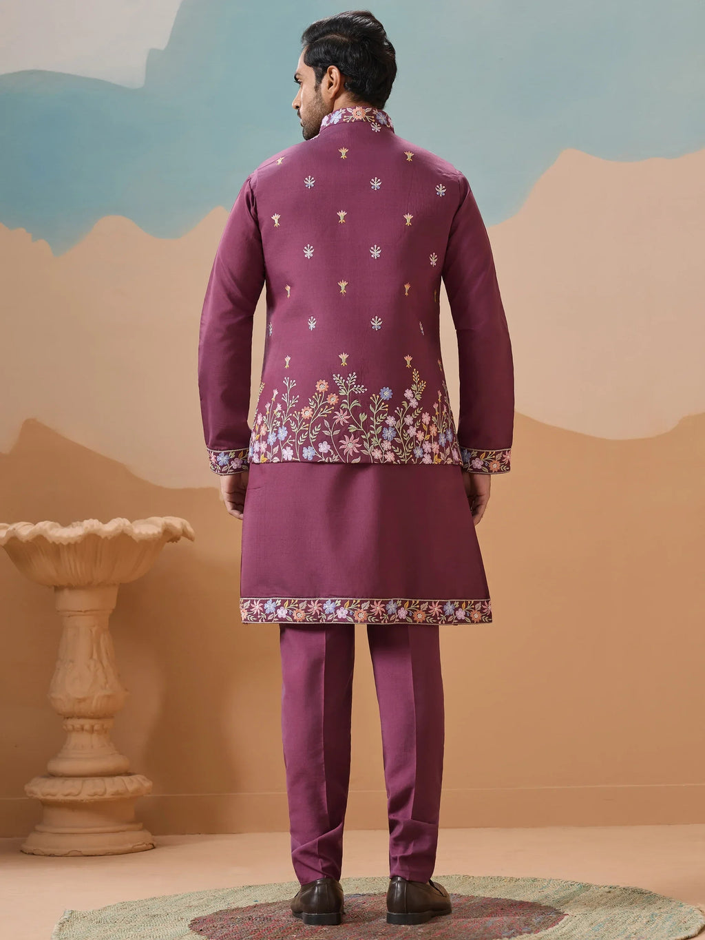Fabulous Dusty Purple Thread Work Viscose Silk Men Kurta With Pant And Jacket