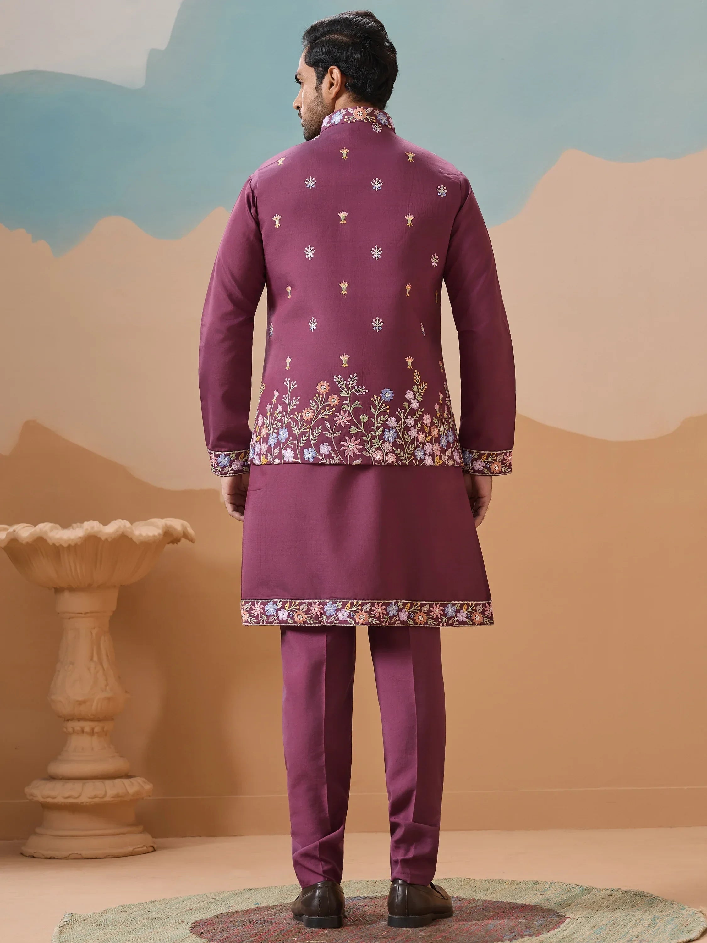 Fabulous Dusty Purple Thread Work Viscose Silk Men Kurta With Pant And Jacket