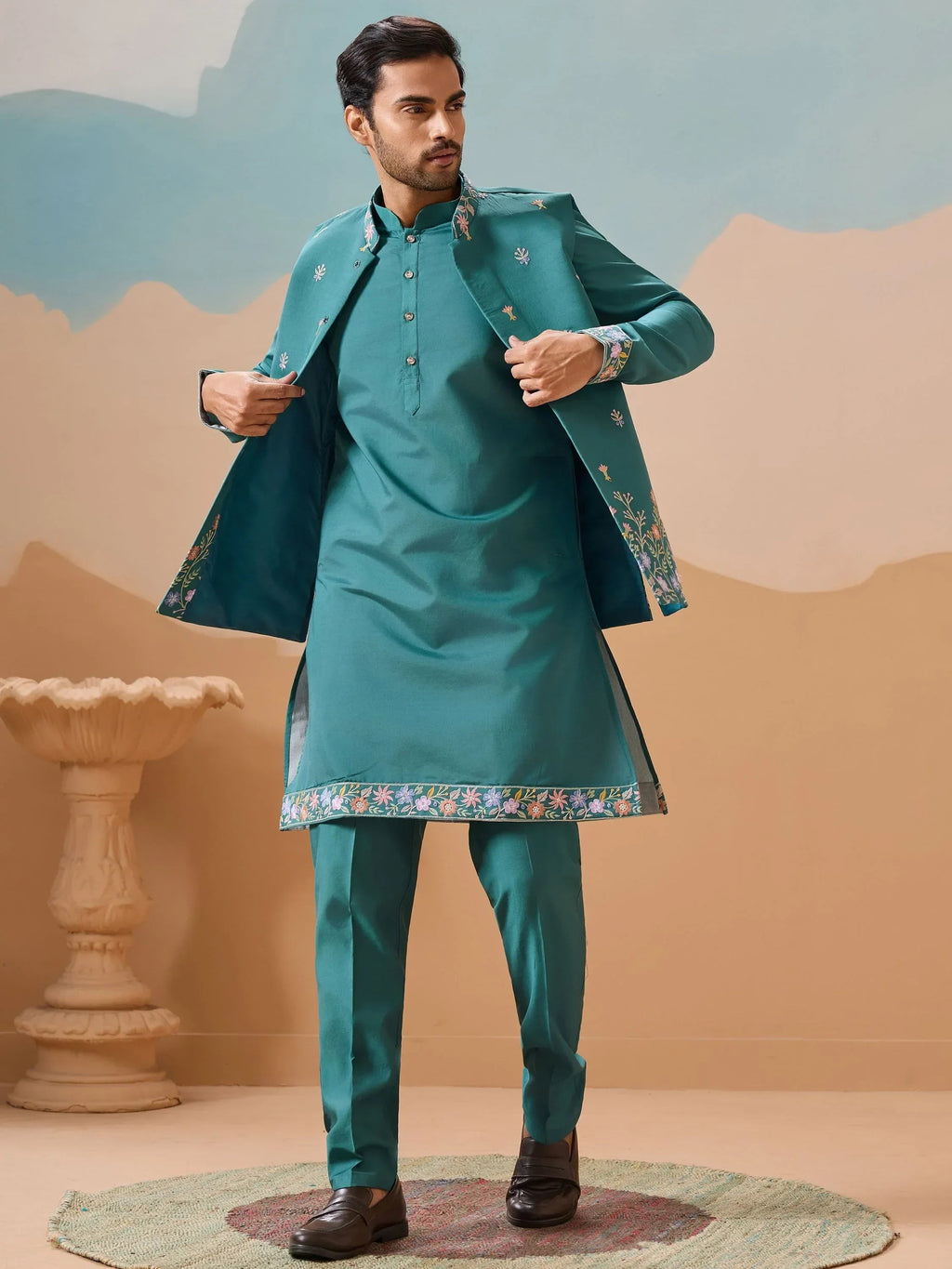 Alluring Rama Green Thread Work Viscose Wedding For Men Kurta With Pant And Jacket
