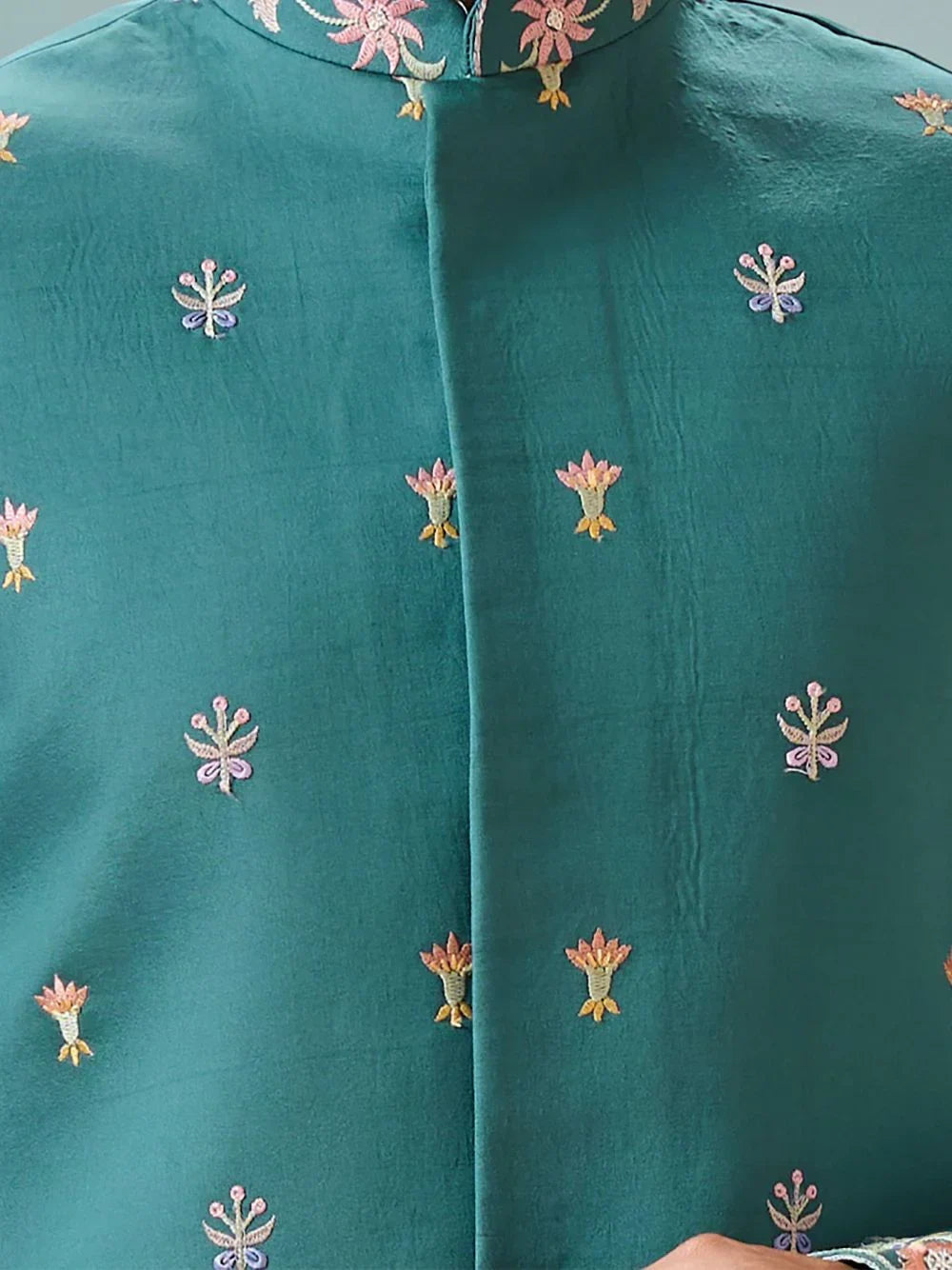Alluring Rama Green Thread Work Viscose Wedding For Men Kurta With Pant And Jacket
