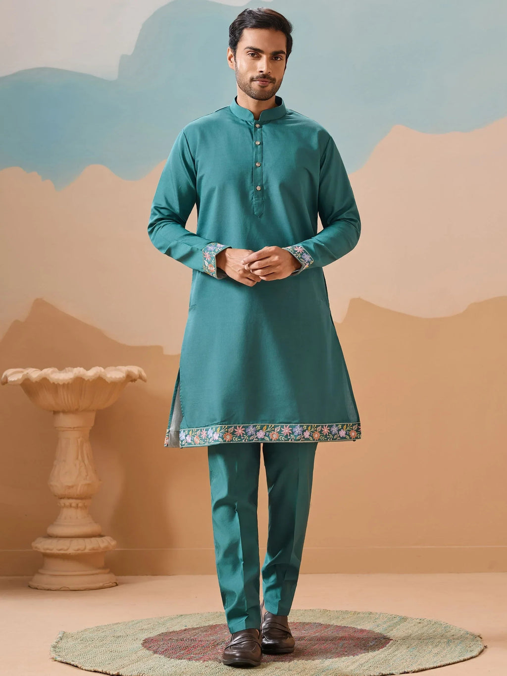 Alluring Rama Green Thread Work Viscose Wedding For Men Kurta With Pant And Jacket