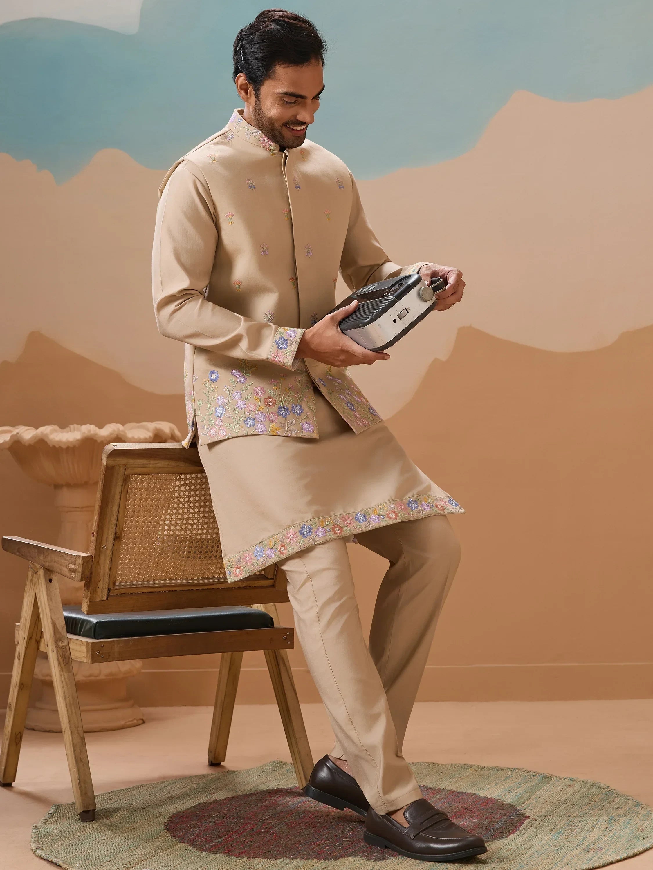 Outstanding Beige Thread Work Viscose Designer Men Kurta With Pant And Jacket