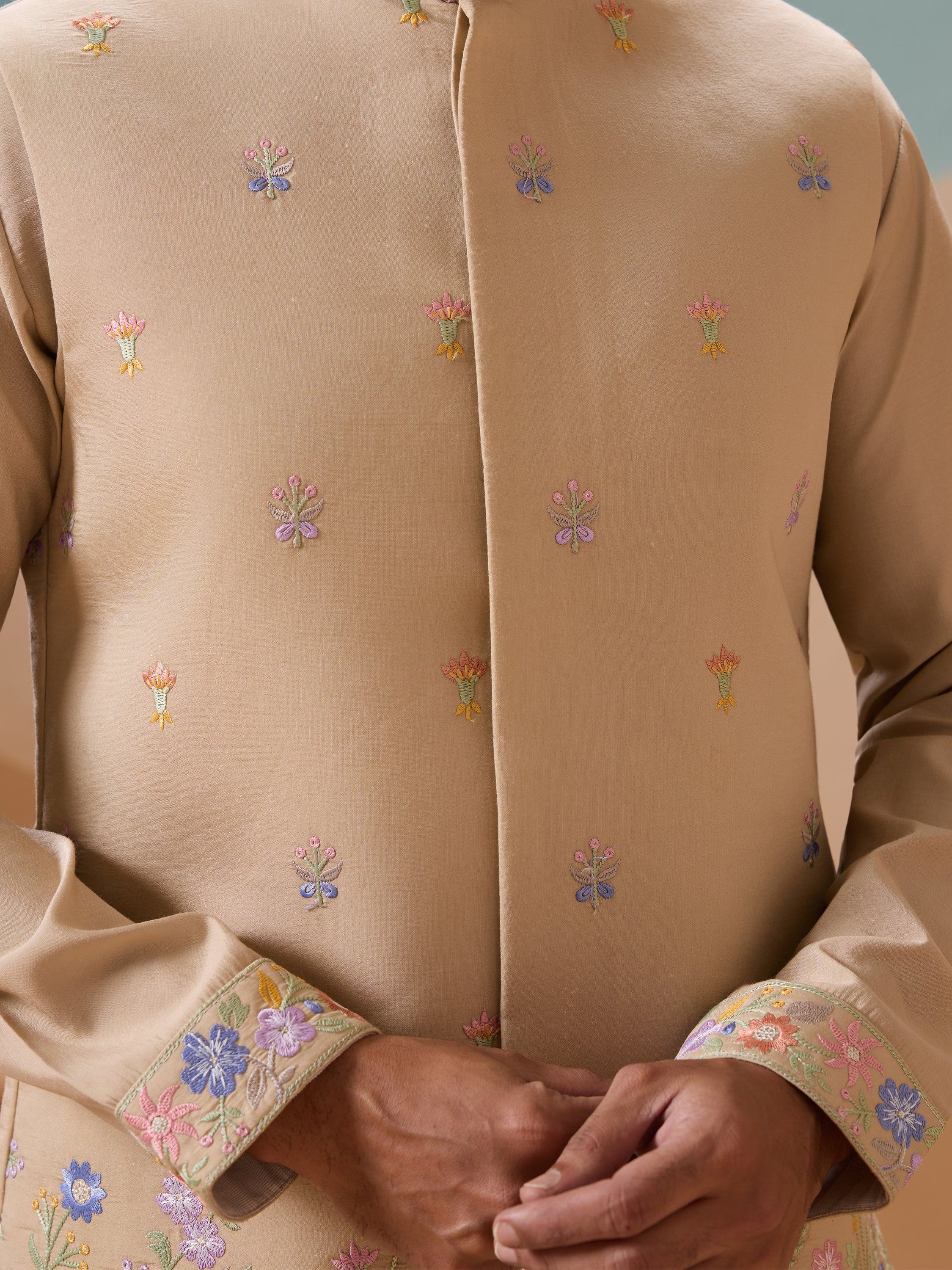 Outstanding Beige Thread Work Viscose Designer Men Kurta With Pant And Jacket