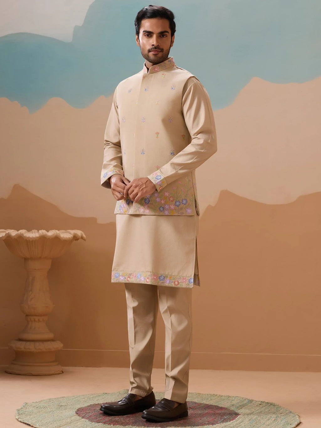 Outstanding Beige Thread Work Viscose Designer Men Kurta With Pant And Jacket