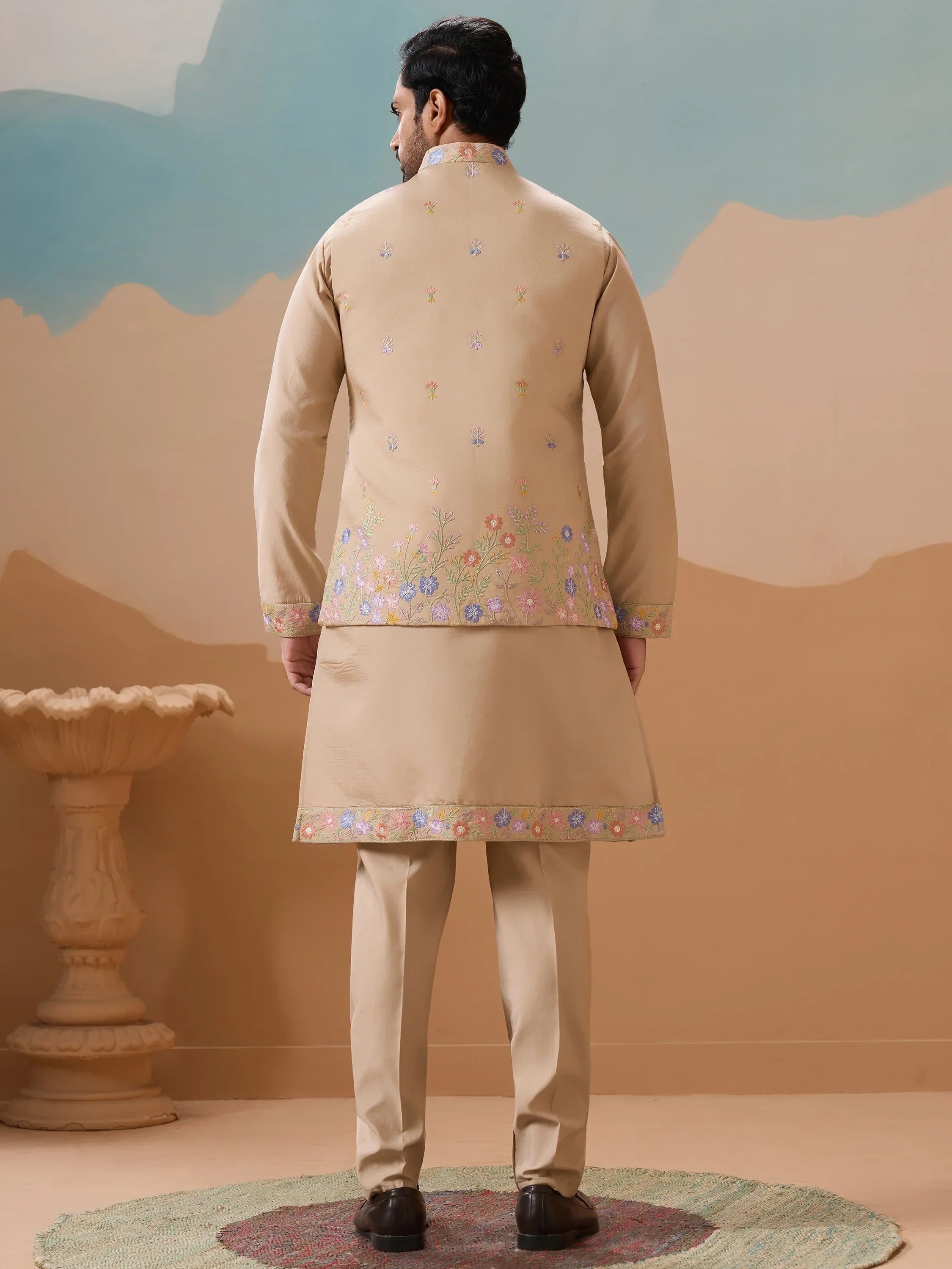Outstanding Beige Thread Work Viscose Designer Men Kurta With Pant And Jacket