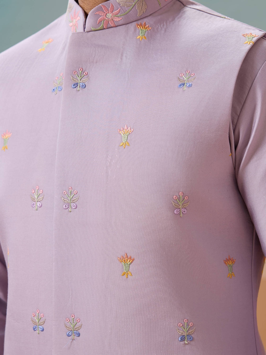 Dazzling Lavender Thread Embroidered Viscose Silk Men Kurta With Pant And Jacket