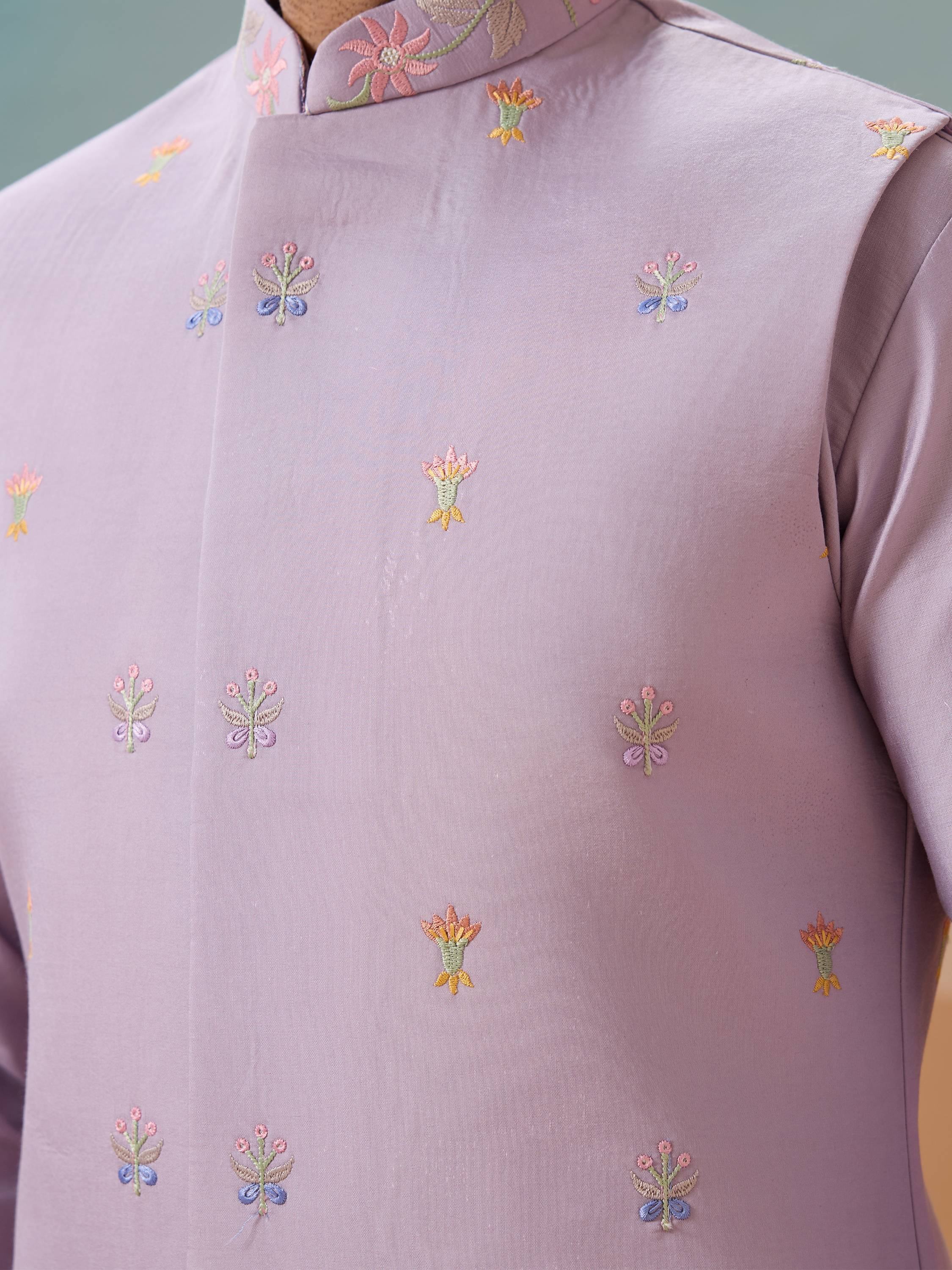Dazzling Lavender Thread Embroidered Viscose Silk Men Kurta With Pant And Jacket