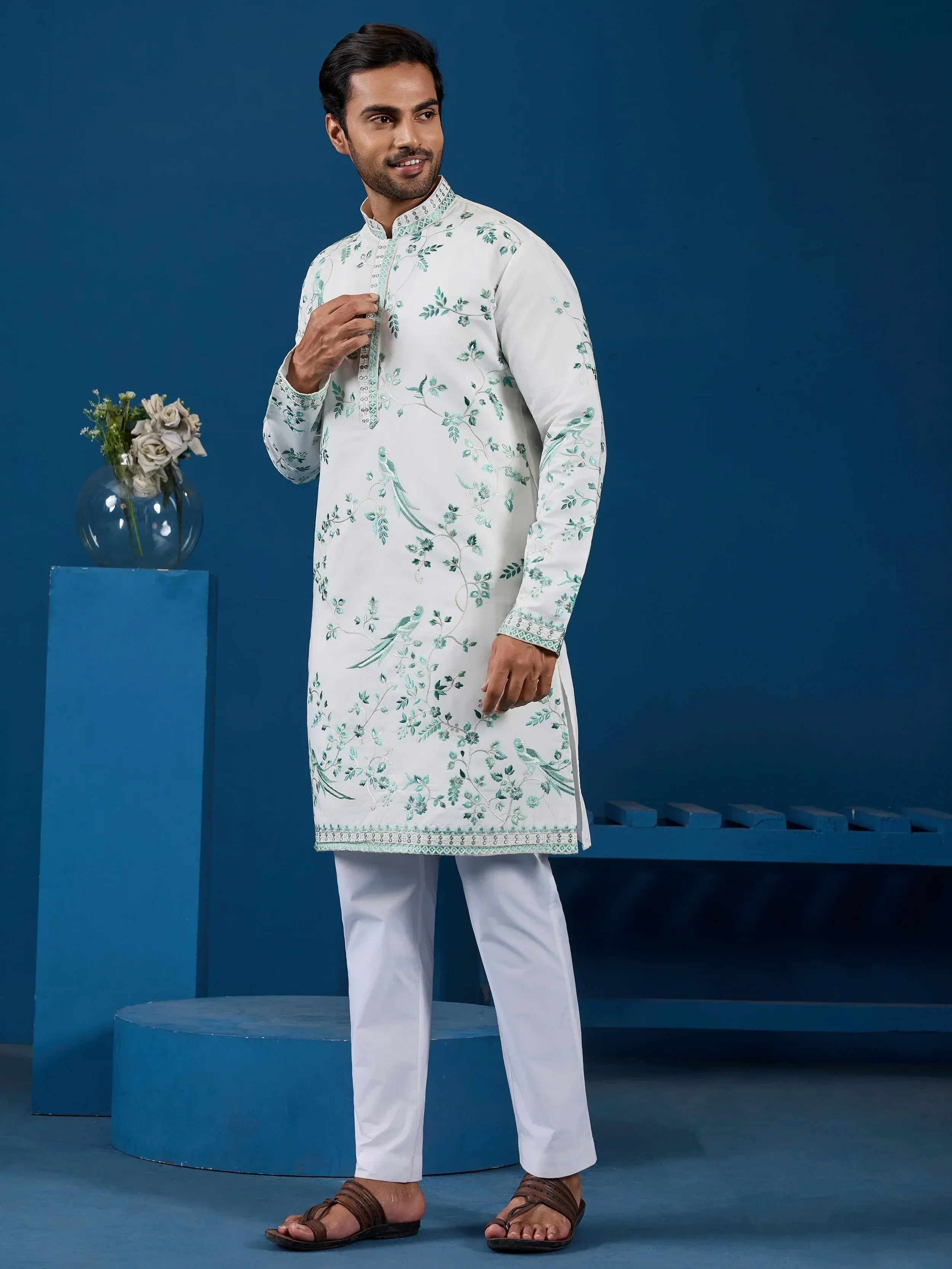 Impressive White Thread Embroidered Silk Festive Wear Men Kurta