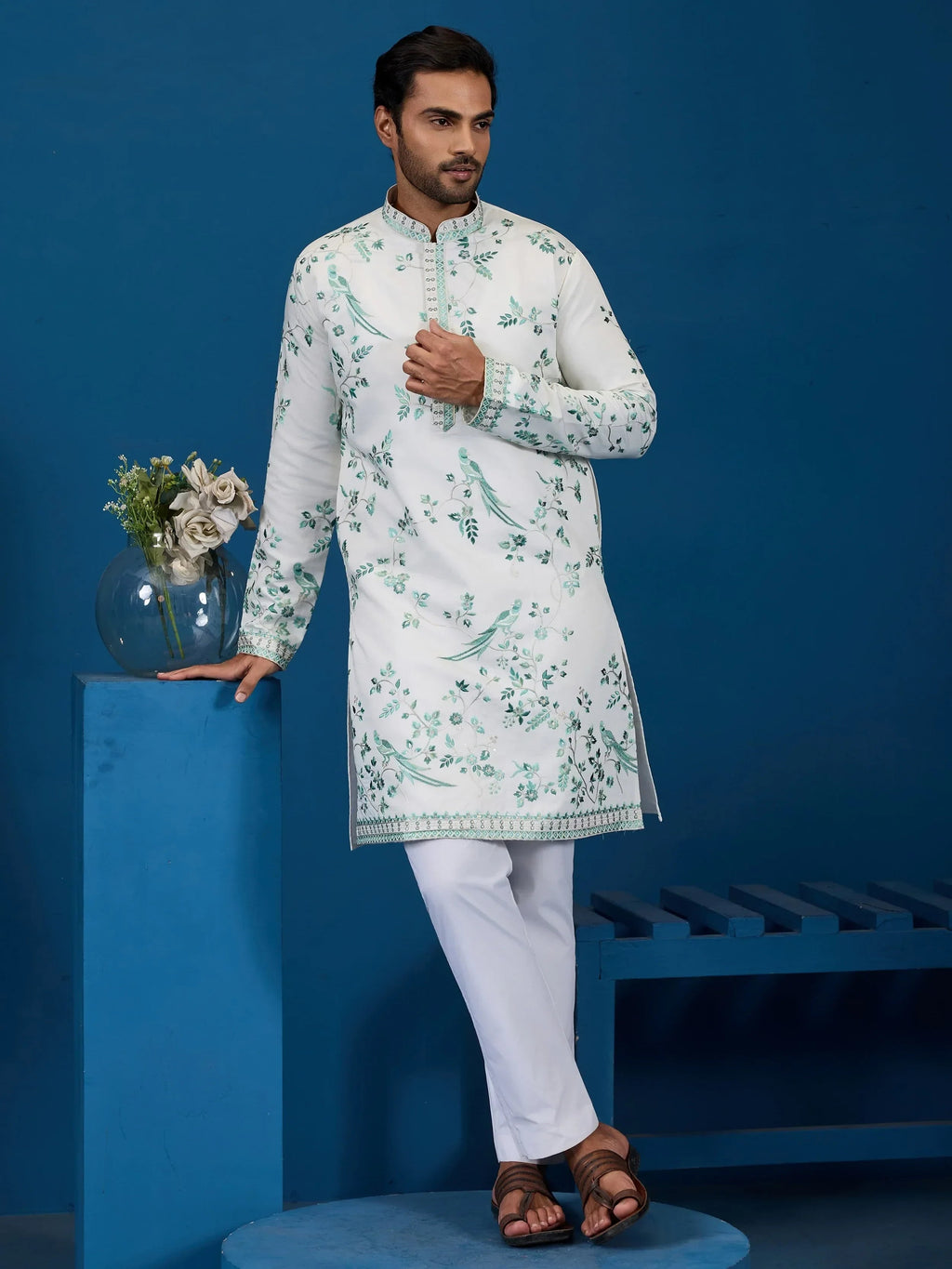 Impressive White Thread Embroidered Silk Festive Wear Men Kurta