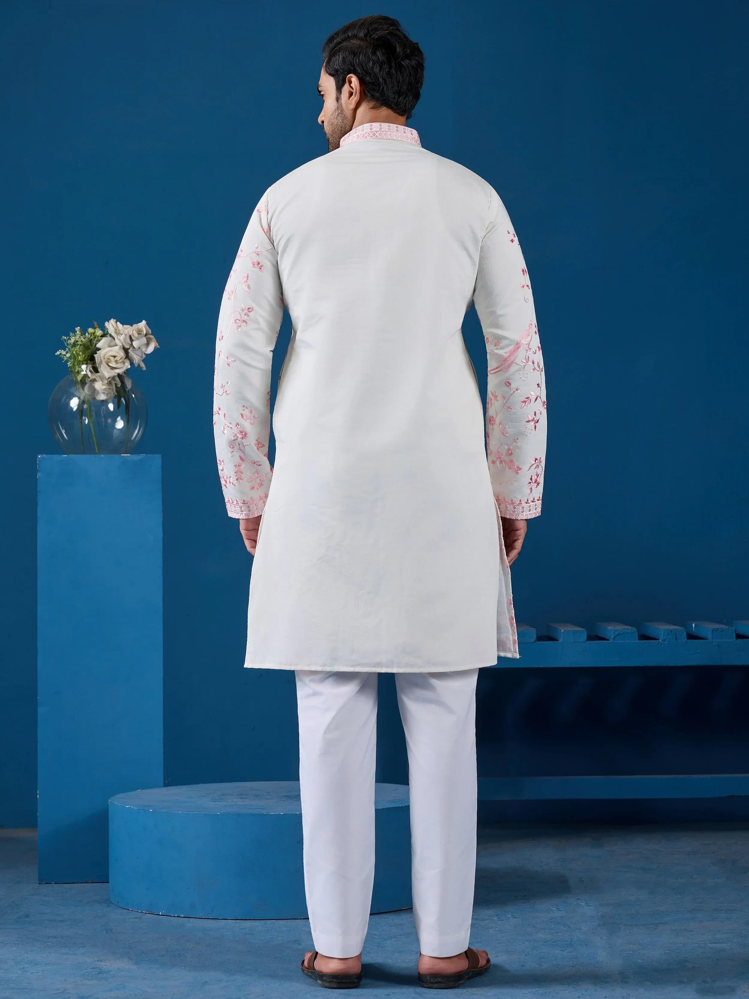Lovely White Thread Embroidered Silk Function Wear Men Kurta