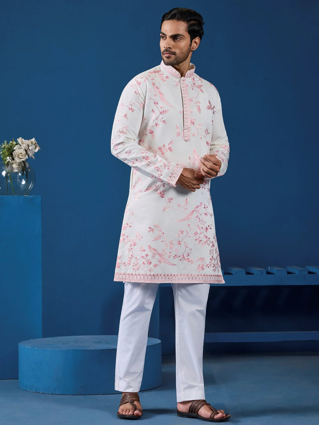 Lovely White Thread Embroidered Silk Function Wear Men Kurta