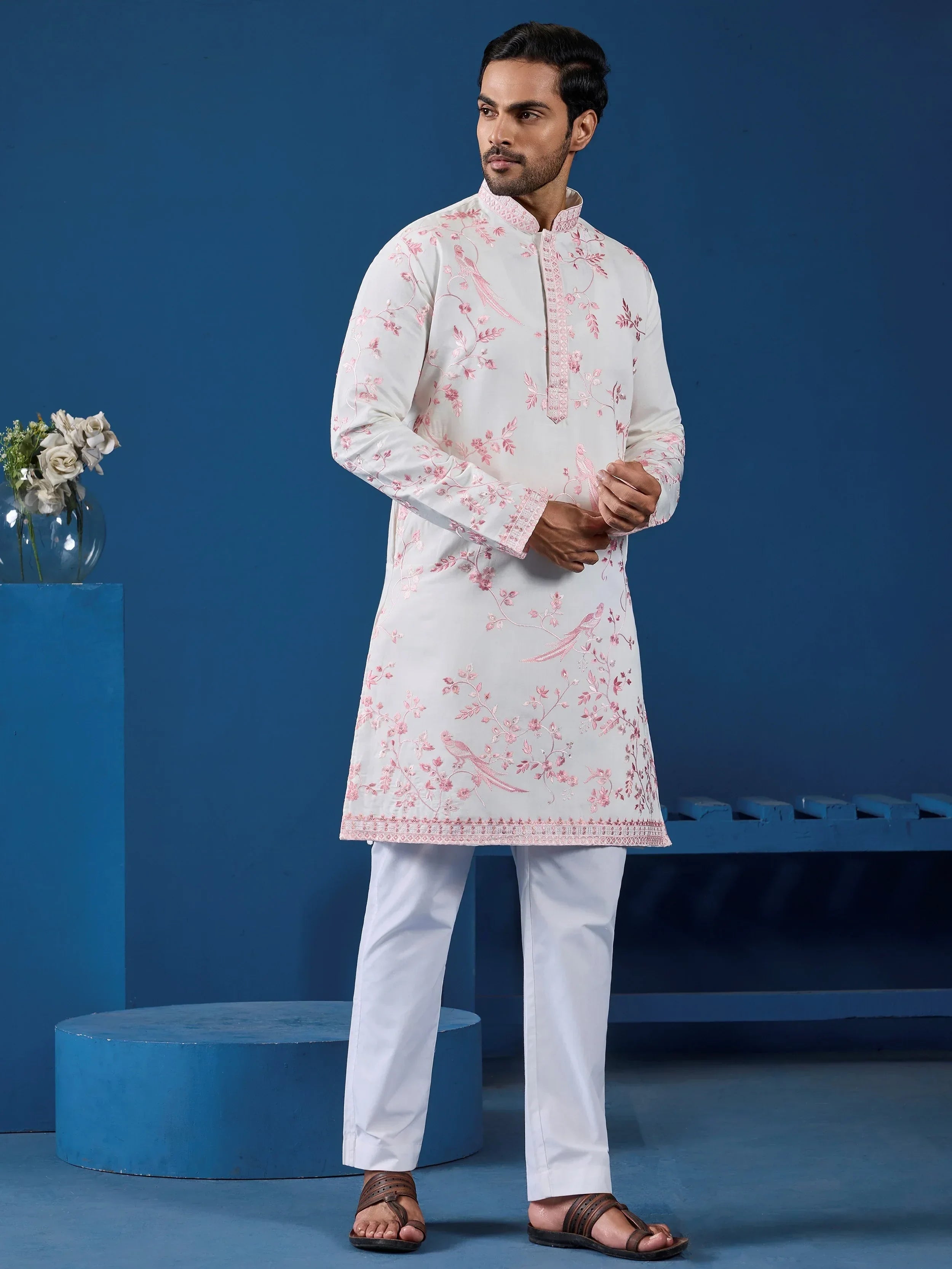 Lovely White Thread Embroidered Silk Function Wear Men Kurta