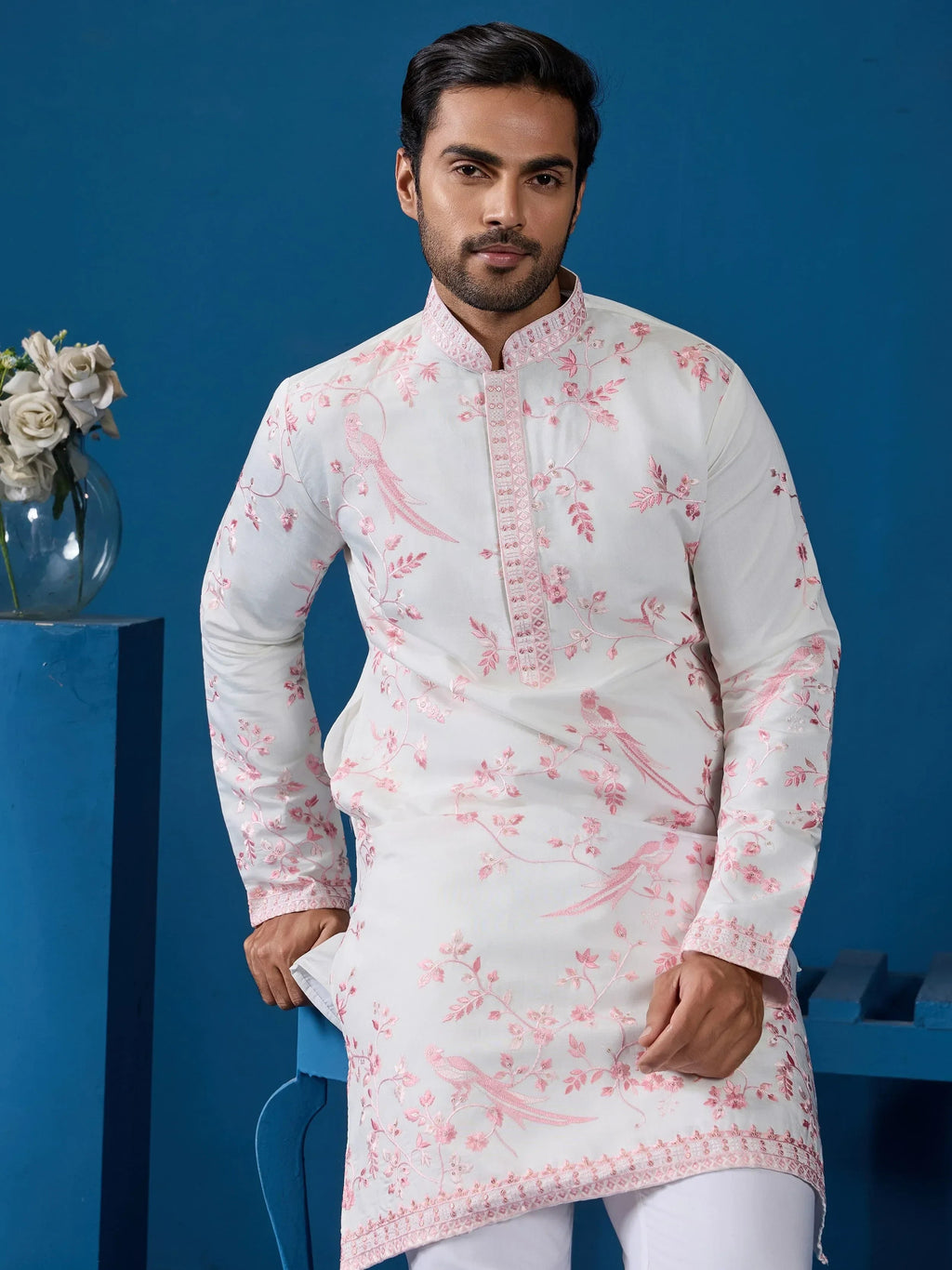 Lovely White Thread Embroidered Silk Function Wear Men Kurta