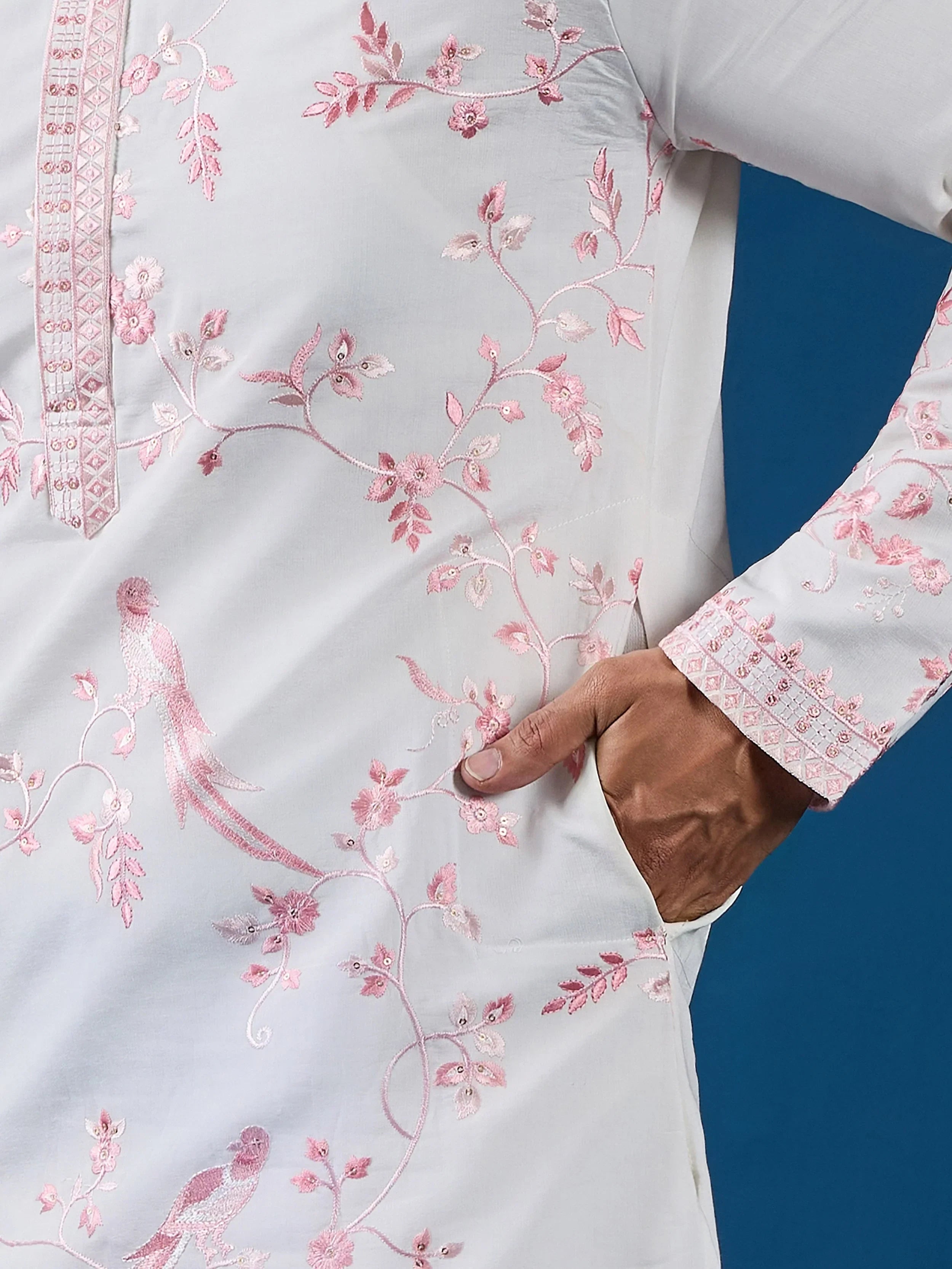 Lovely White Thread Embroidered Silk Function Wear Men Kurta