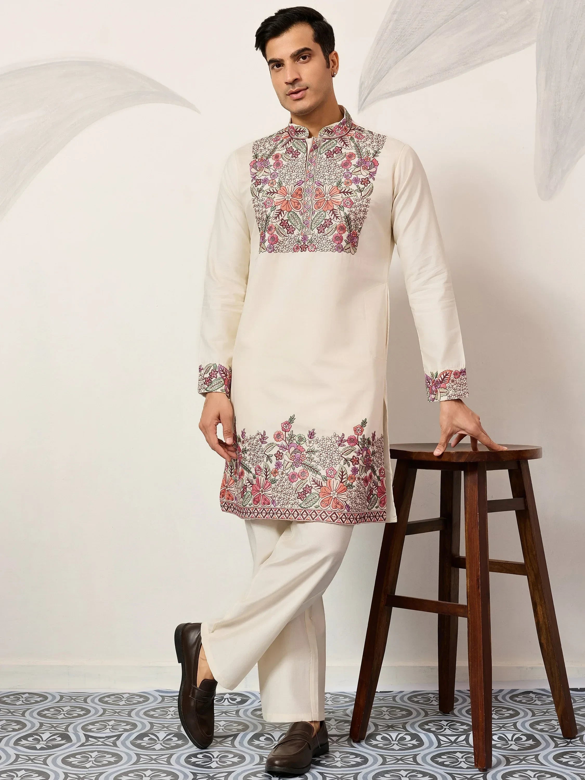 Attractive Off-White Embroidered Silk Wedding Wear Men’s Kurta Set